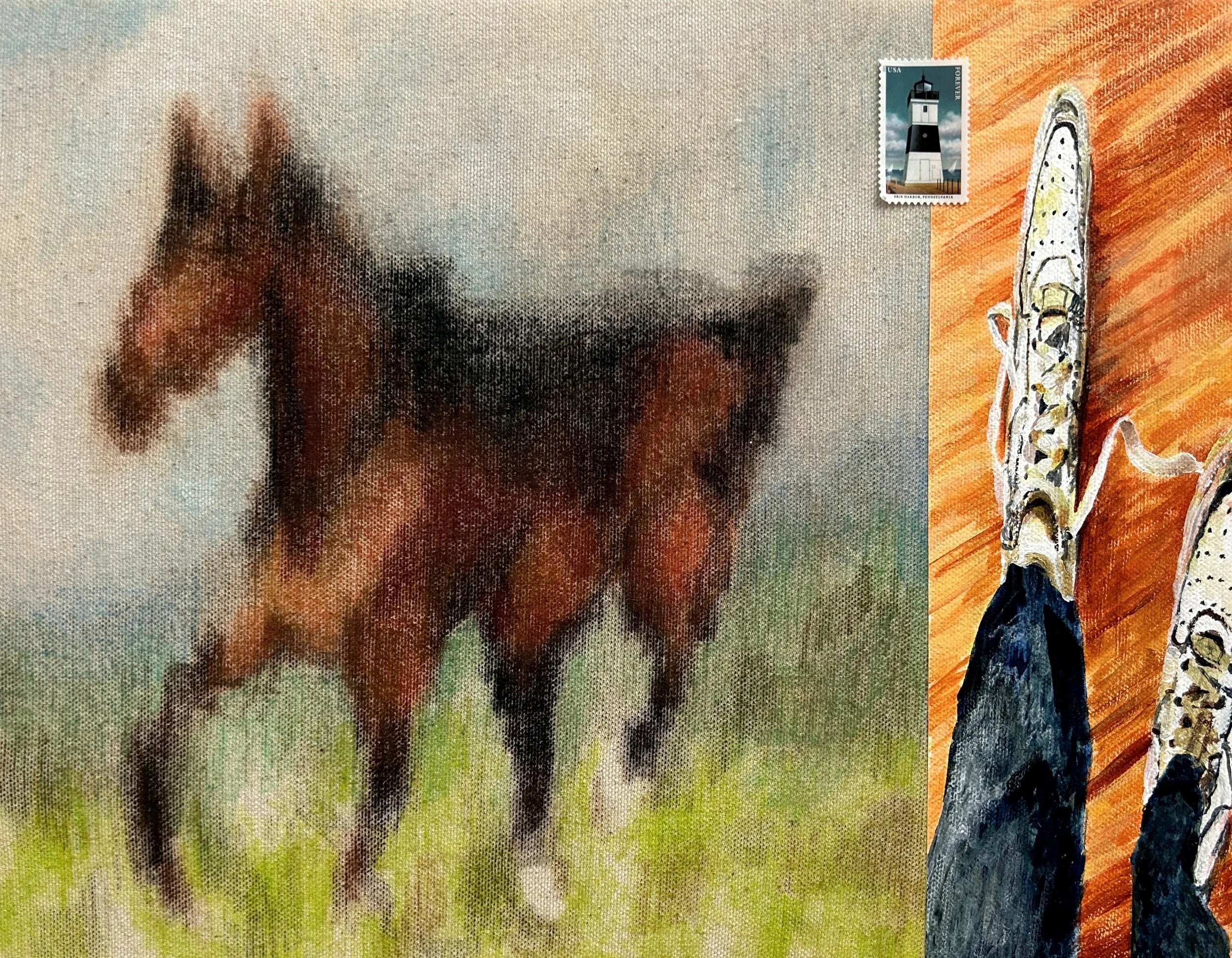 Eras, colored pencil, acrylic, and postage stamp on canvas, 14 x 11 in. 2026