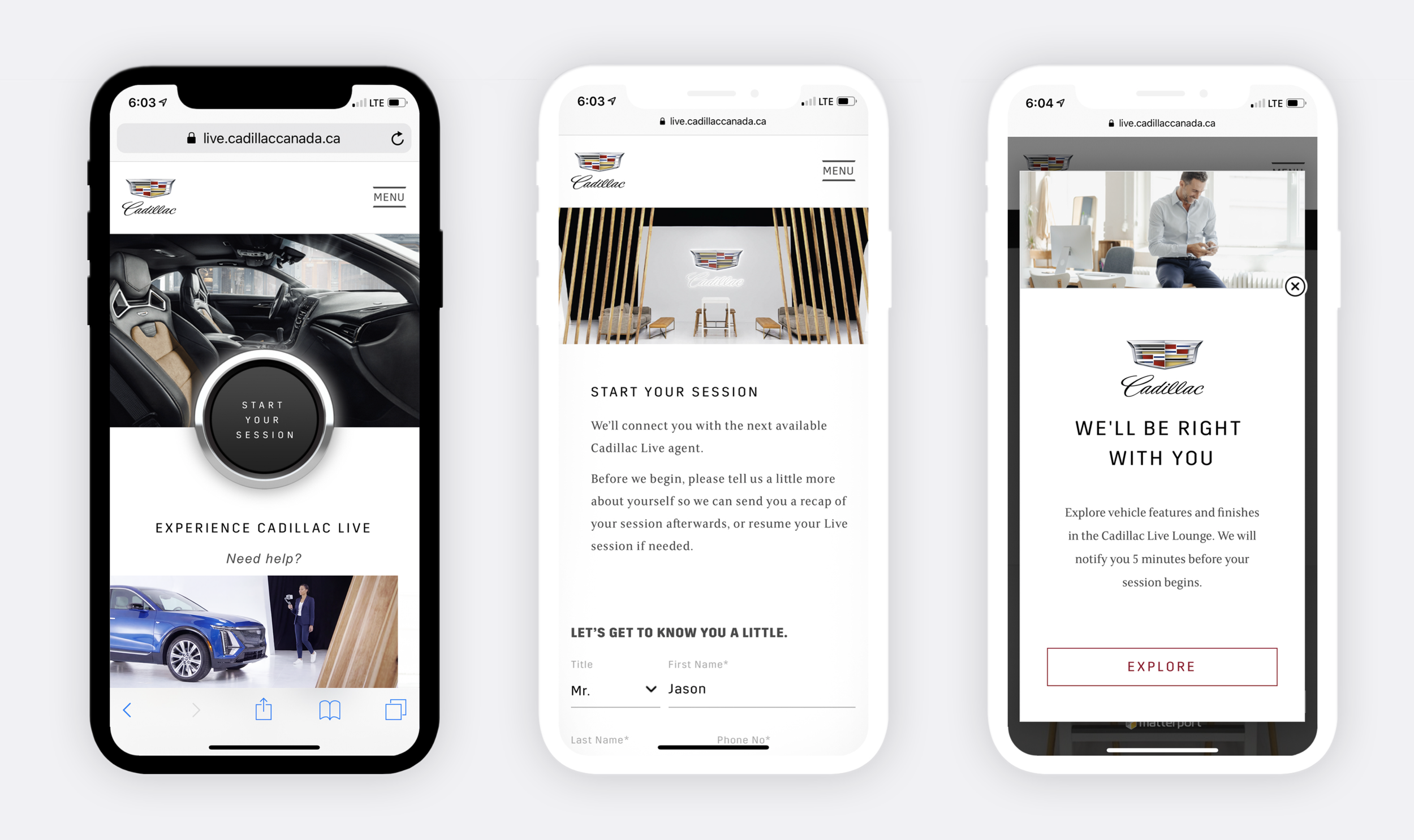 Screenshots of a Cadillac vehicle experience app, showing the Cadillac logo and branding, with screens for starting a session, entering personal info, and exploring vehicle features.