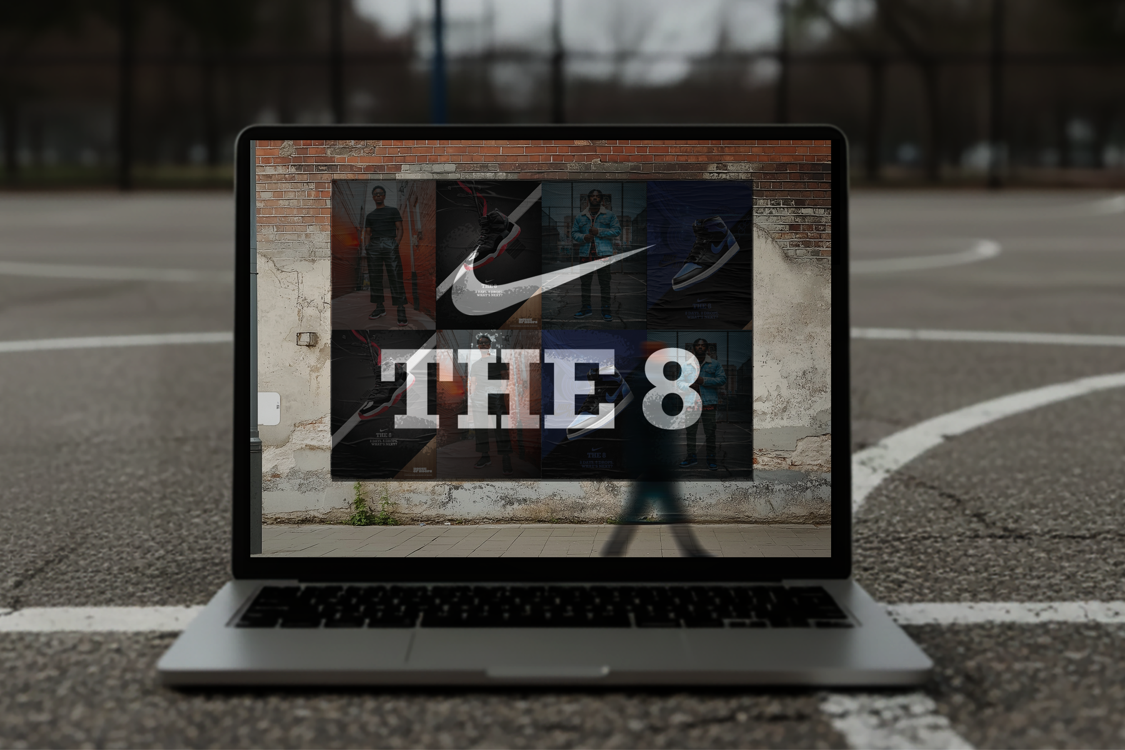 Laptop on outdoor court with Nike and THE 8 branding and images of sneakers and models on screen.