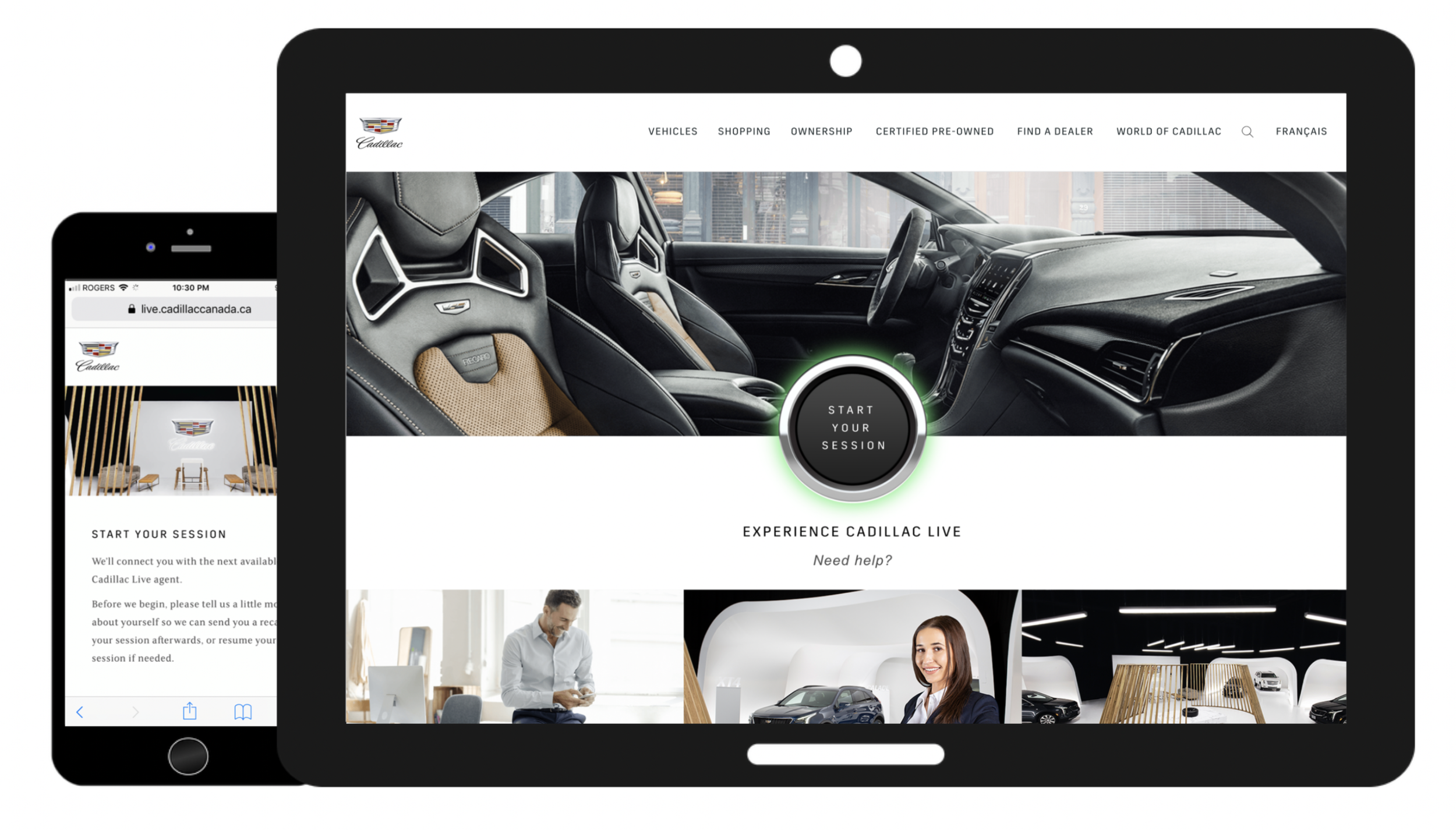 Digital images of Cadillac website on computer and smartphone screens, showcasing car interior and sales experience.