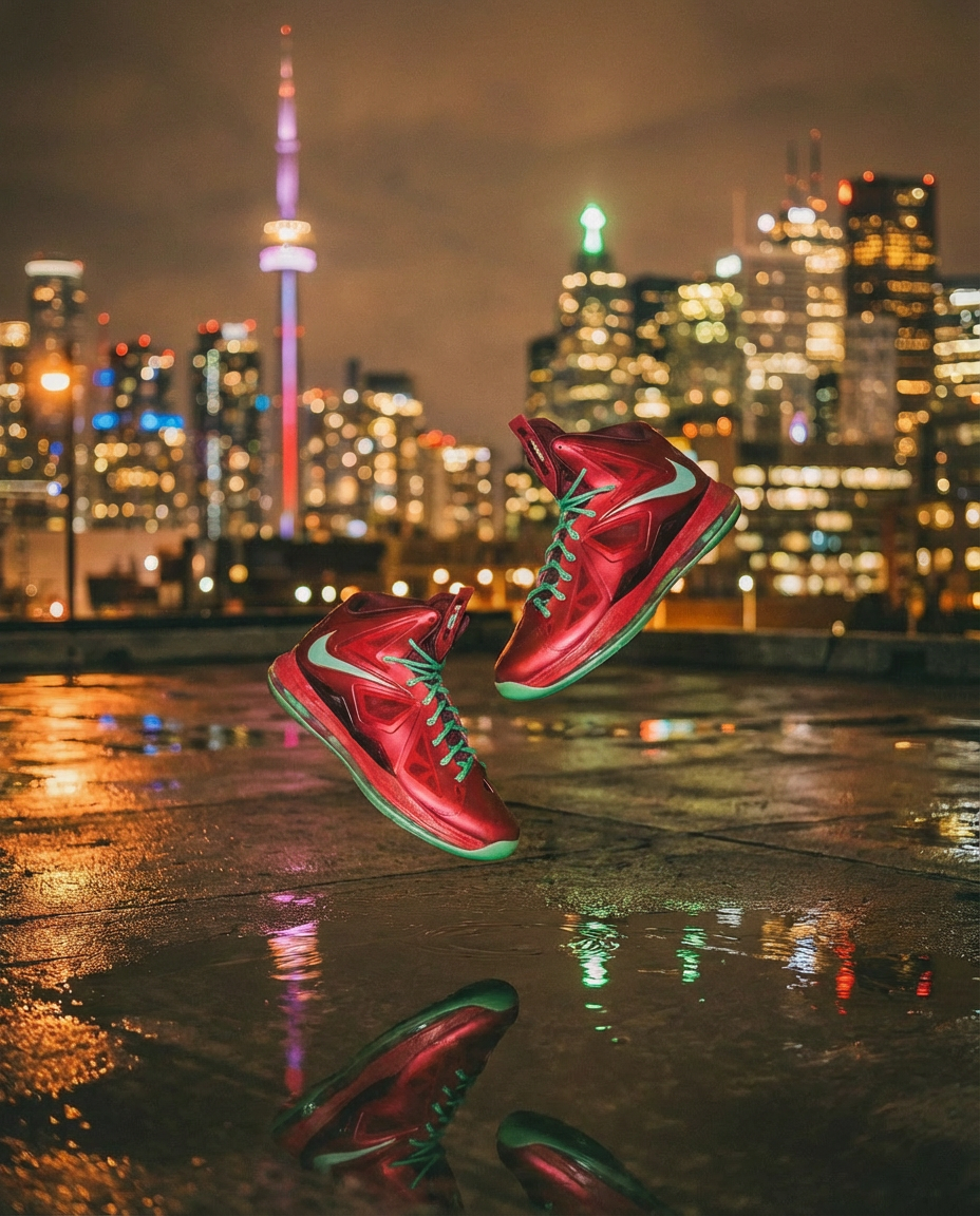 A pair of red Nike LeBron Christmas sneakers with green laces floating above a wet surface at night, reflecting city lights and a city skyline with tall buildings and a lit CN tower in the background.