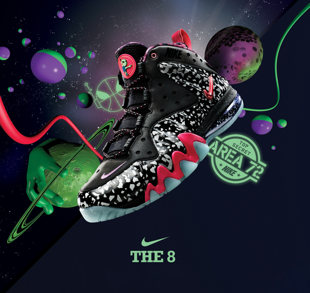 A Nike sneaker with a black and white pattern, red and blue accents, and a high-top design floating in a space-themed background with planets, stars, and qualifying graphics.