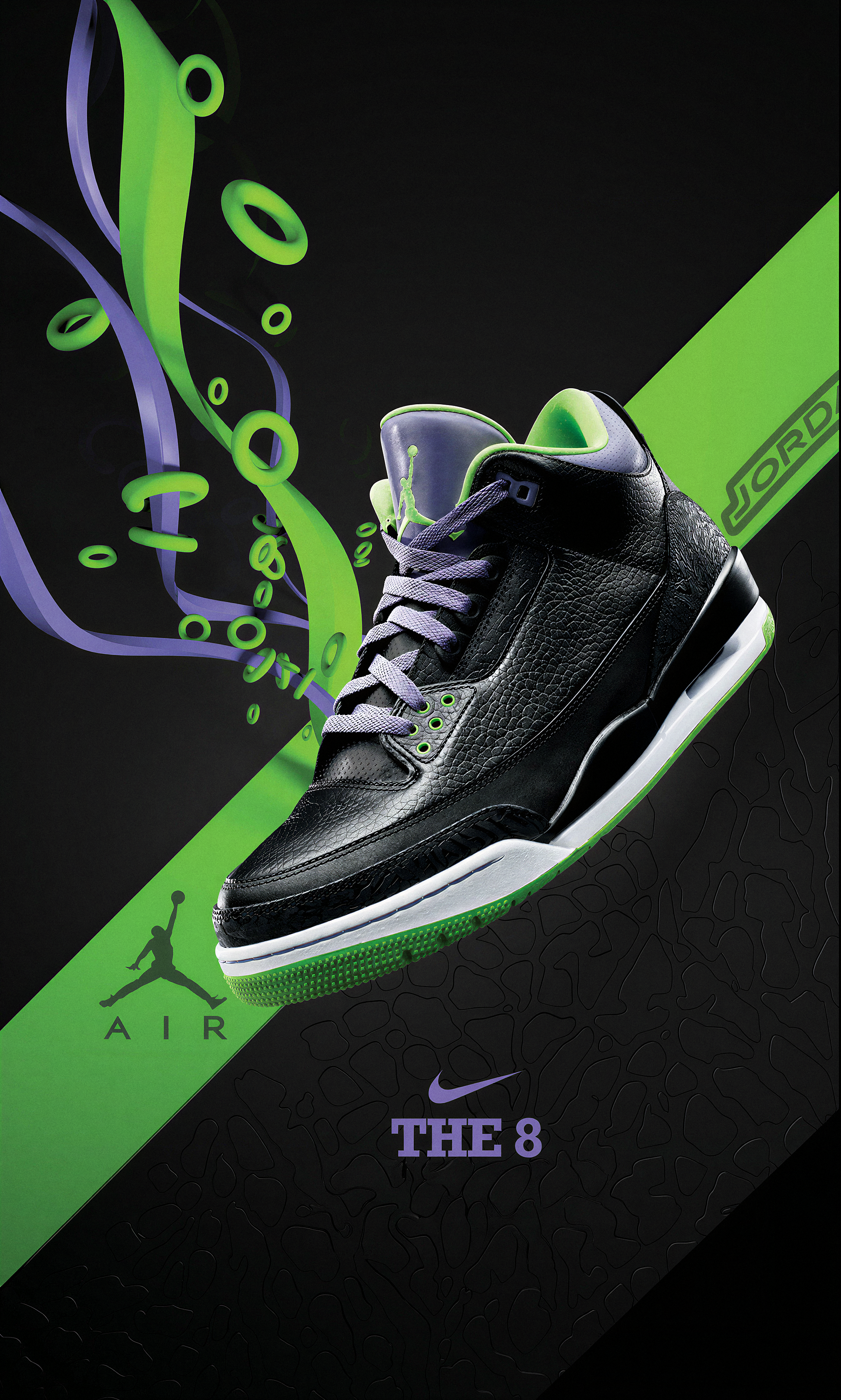 Close-up of a black and green Nike Air Jordan sneakers with a black background featuring green and purple design elements and the Nike Jumpman logo.