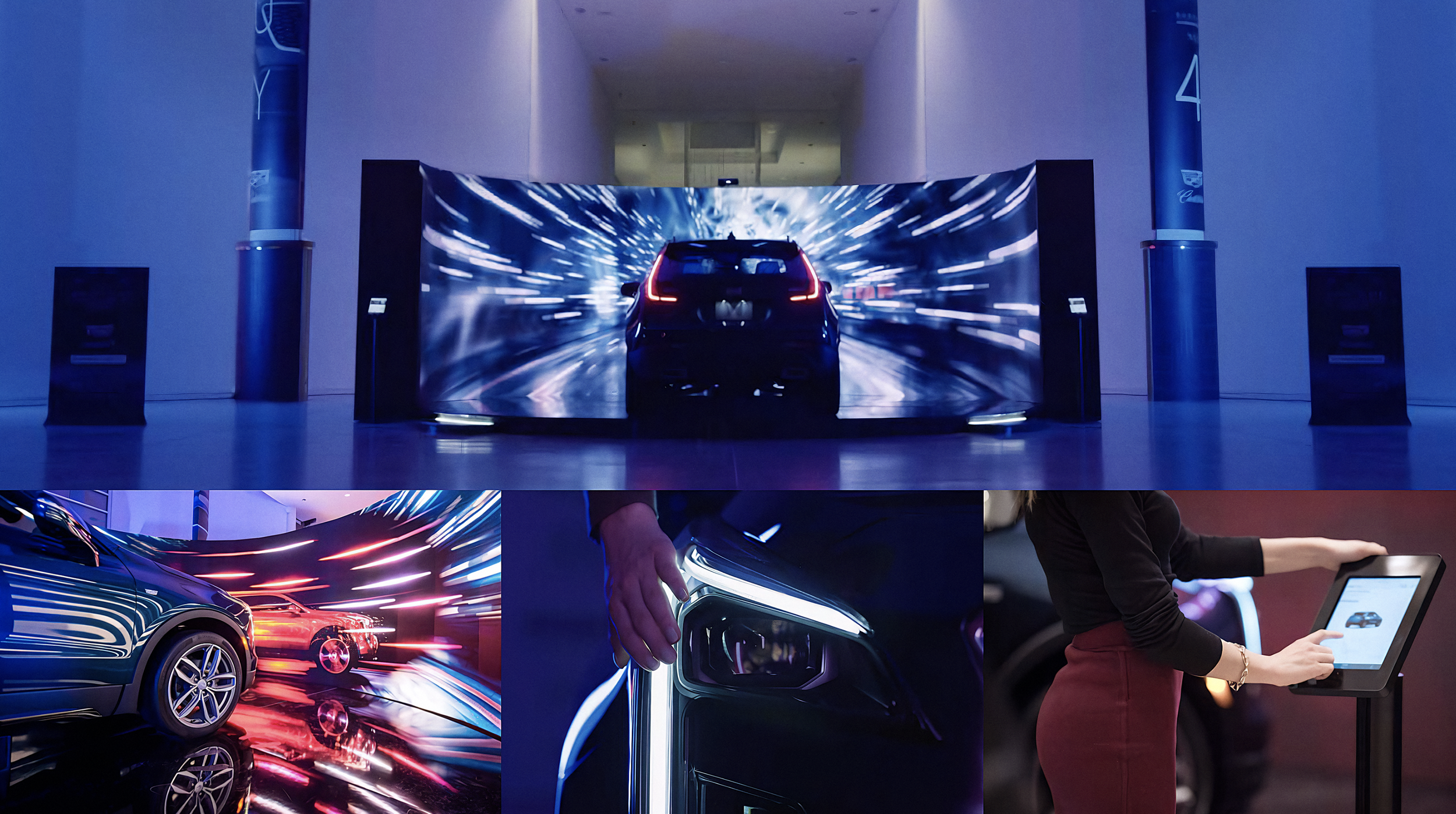 Cadillac XT4 immersive car exhibition featuring a digital display of a car in a tunnel of light, close-up of a car's headlight with modern LED design, and a person interacting with a touchscreen displaying a vehicle image.