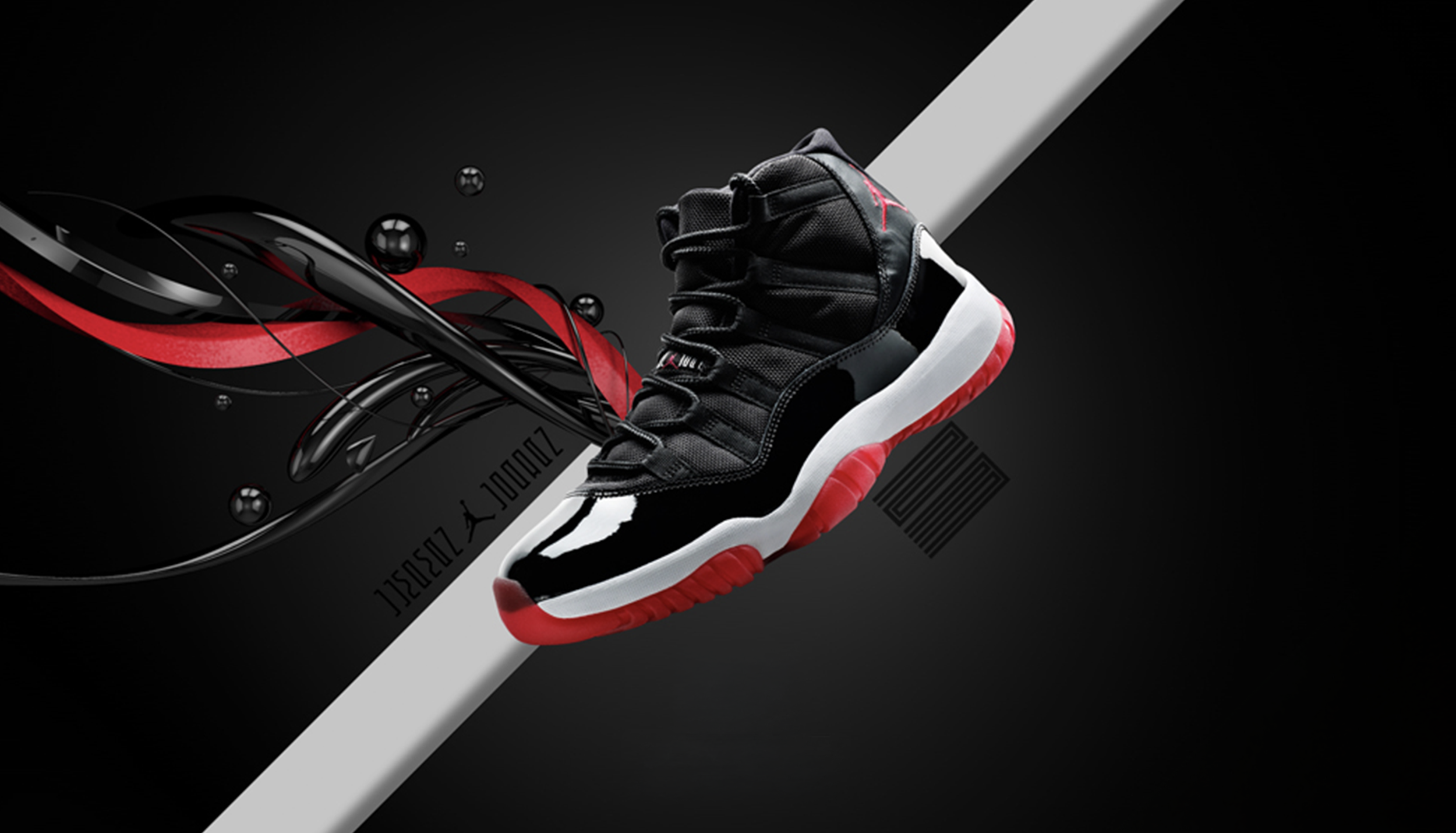 A black and red sneaker is floating against a black background, with abstract black and red graphic design elements and a white diagonal stripe running through the image.