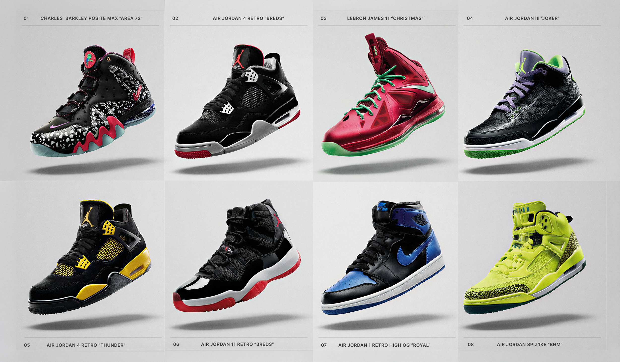A grid of eight different Nike Air Jordan sneakers, each with unique designs and color schemes, displayed against a light gray background.