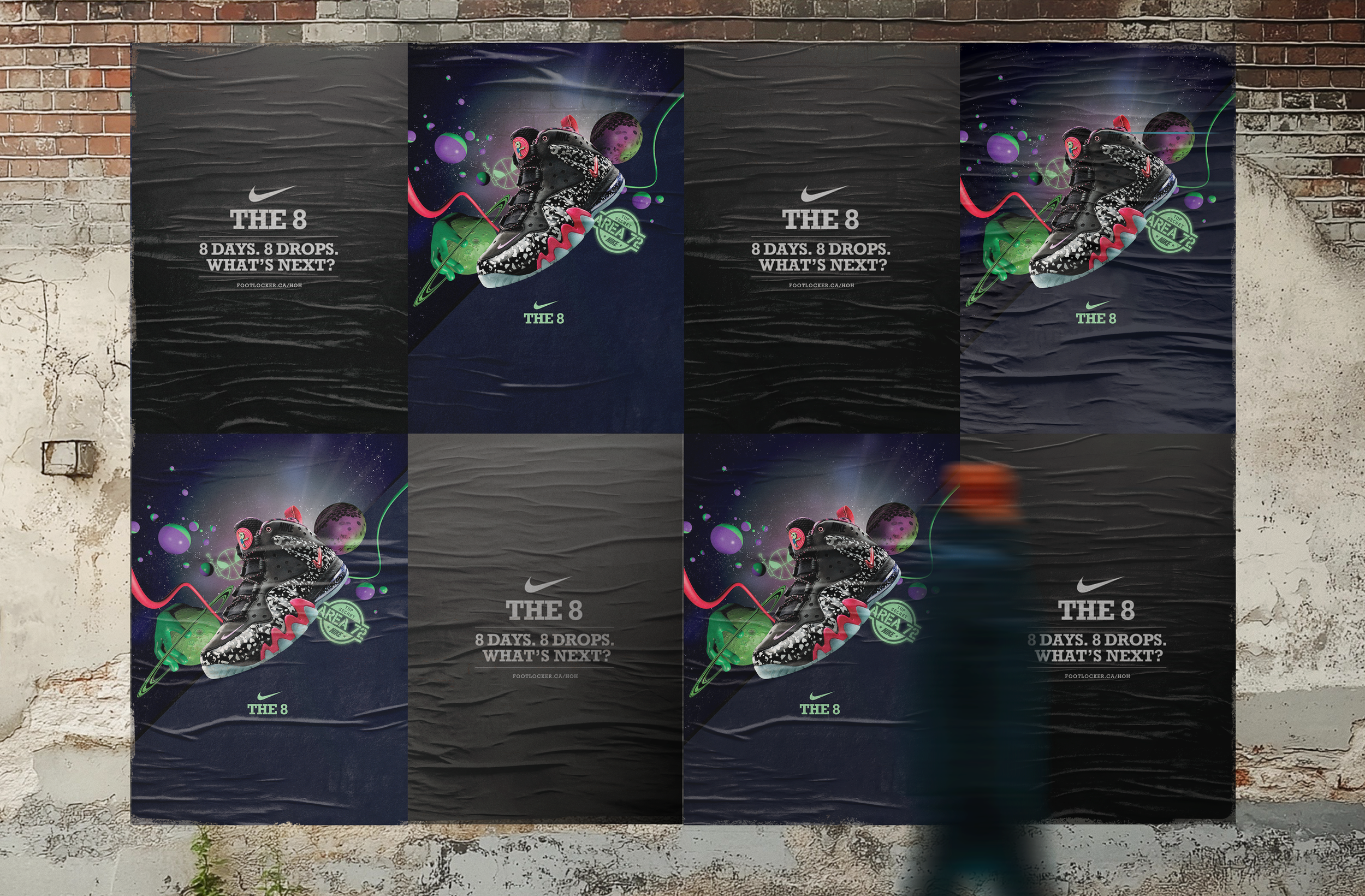 Street mural with four posters promoting Nike sneakers, featuring a space-themed sneaker design and the text 'THE 8, 8 DAYS, 8 DROPS, WHAT'S NEXT?' on a textured brick wall.