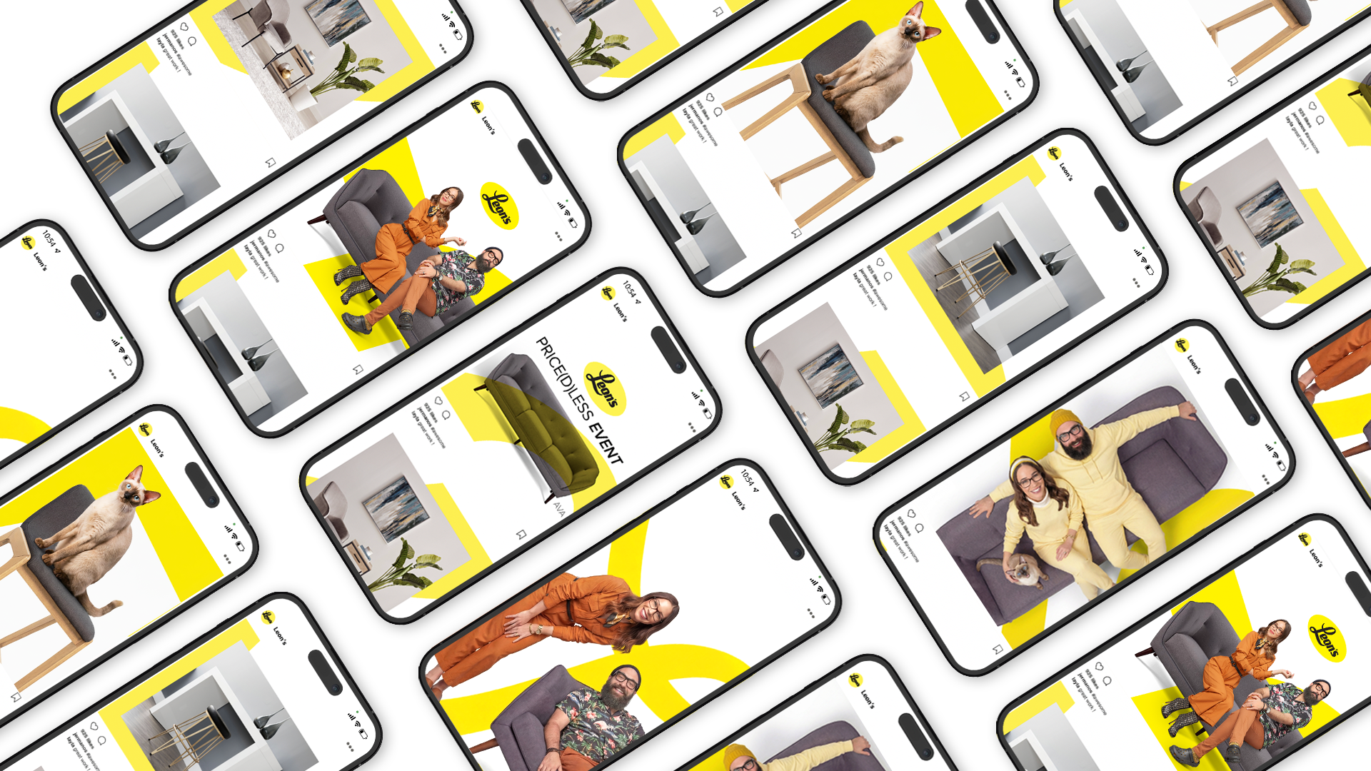 Multiple smartphone screens displaying furniture advertisements, featuring sofas, chairs, lamps, and model people posing with furniture in a modern home setting, with a yellow and white color scheme.