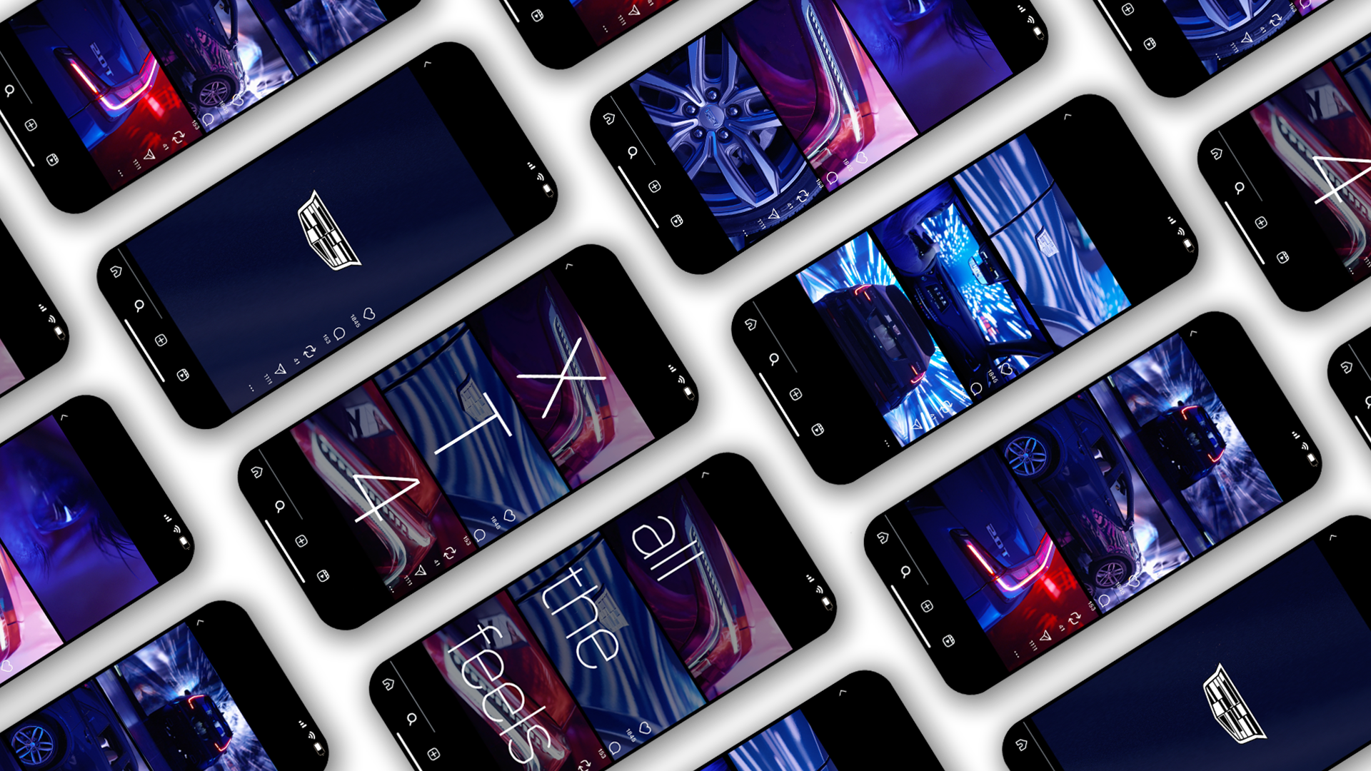 A collage of smartphone screens displaying Cadillac XT4 car advertisements and images, with the text "all the feels" visible on some screens.