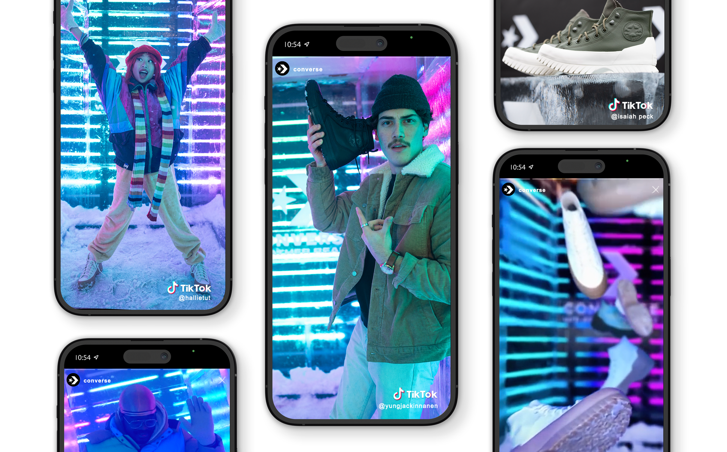 Multiple smartphones displaying TikTok videos of people in colorful, neon-lit snow and urban scenes, showcasing winter fashion and footwear.
