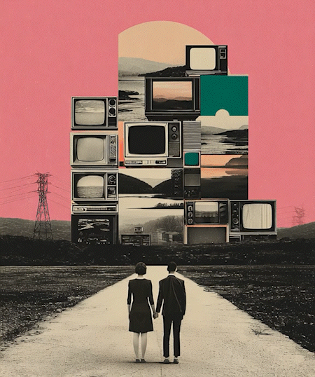 An editorial video loop showing a multitude of screens as a metaphor for the extreme noise in todays media landscape. A man and a woman hold hands transfixed.