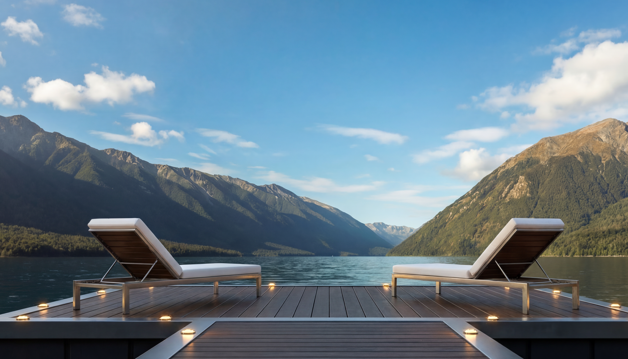 Two lounge chairs on a wooden deck overlooking a lake with mountains in the background under a blue sky with some clouds.