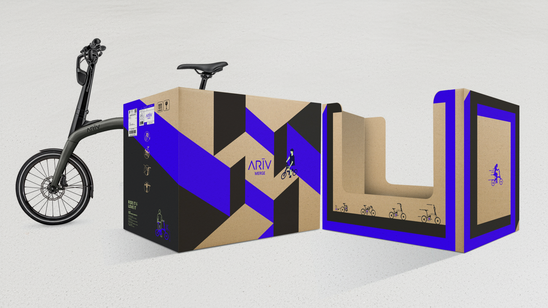 A GM Ariv electric bicycle next to a modern, geometric display box for ARIV, featuring blue, black, and beige colors, with graphics of bicycles and the ARIV logo.