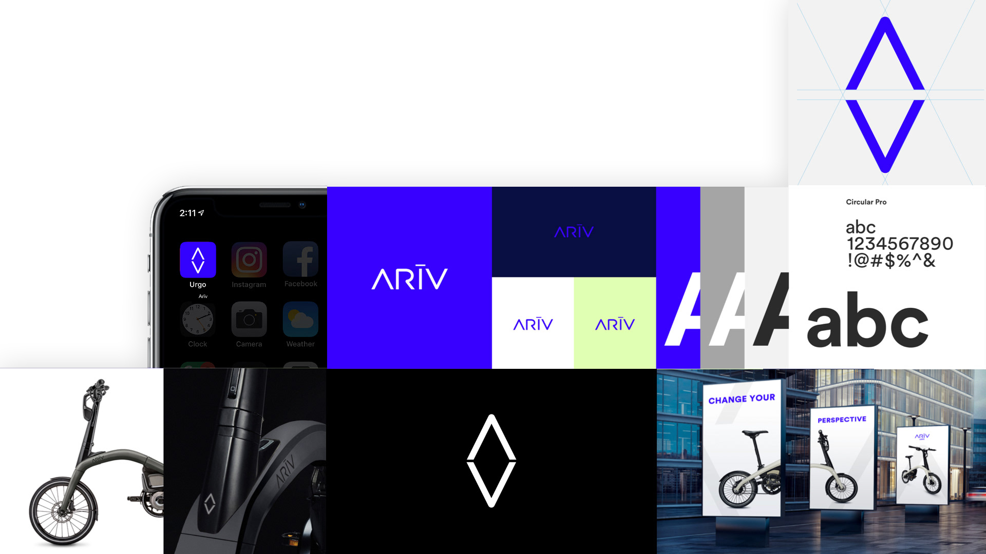 Collage of ARIV branding, including logo, app interface, bike, and signage in urban setting.