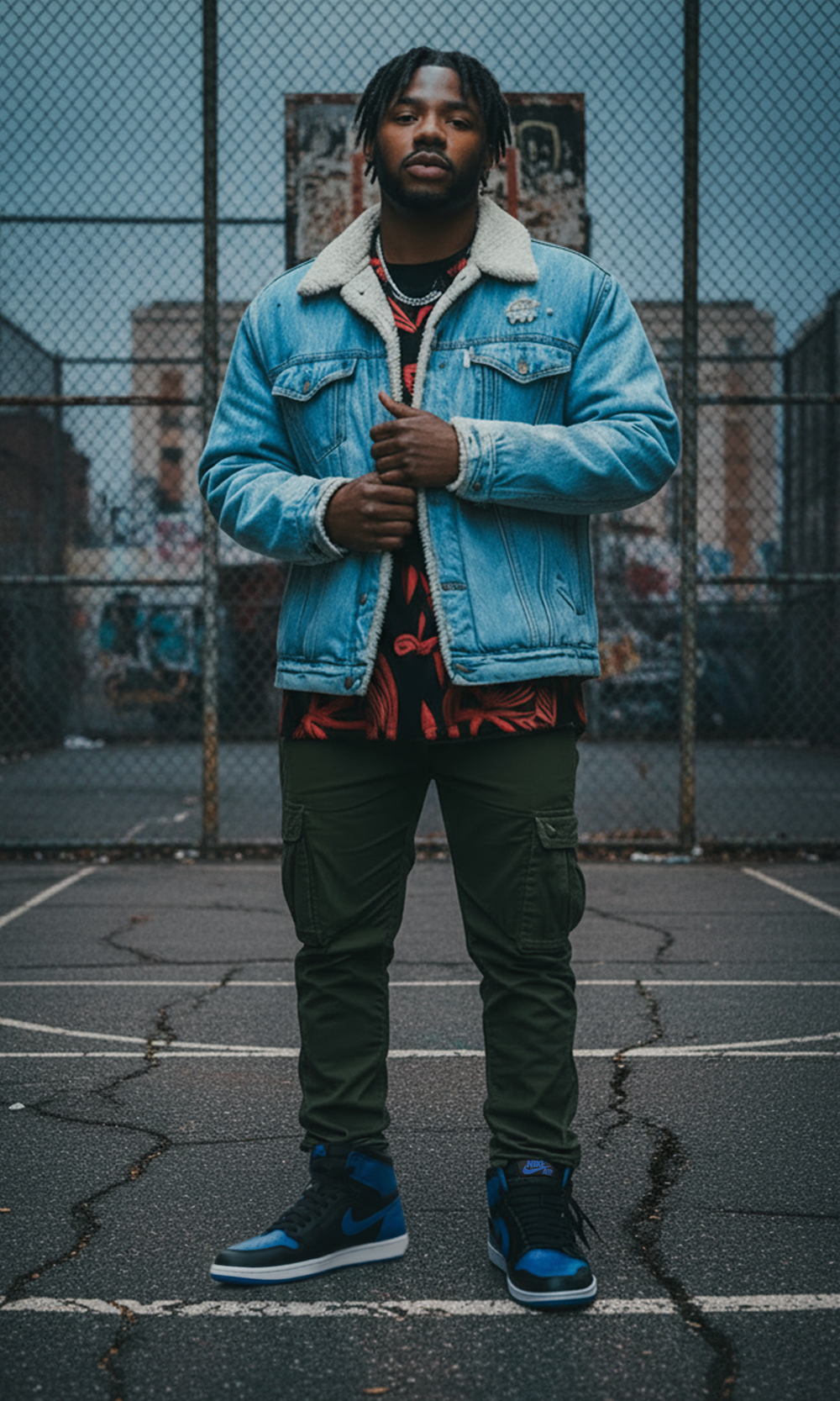 Young man standing on an outdoor basketball court with a chain-link fence in the background, wearing a denim jacket, patterned shirt, cargo pants, and Nike sneakers.