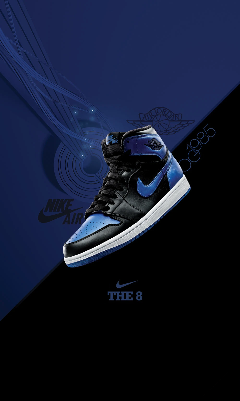 A Nike Air Jordan 1 High OG sneaker in black and blue colorway displayed against a blue and black background with branding and design elements.