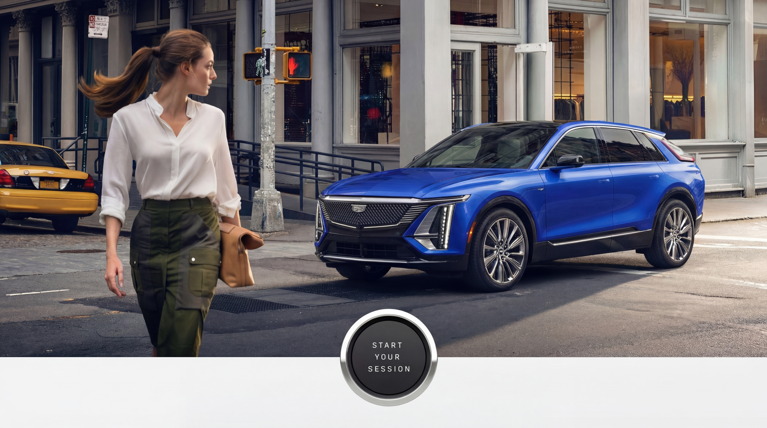 A woman walking on a city street near a blue Cadillac SUV and a yellow taxi cab, with a pedestrian crossing signal flashing red.