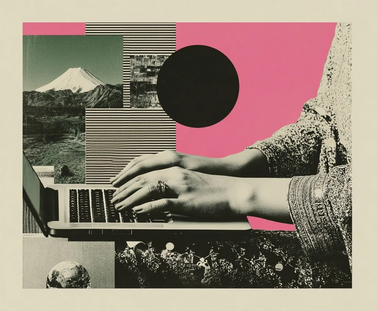Collage of black and white images with pink background, featuring a person's hands typing on a laptop, various landscape scenes, and geometric patterns.