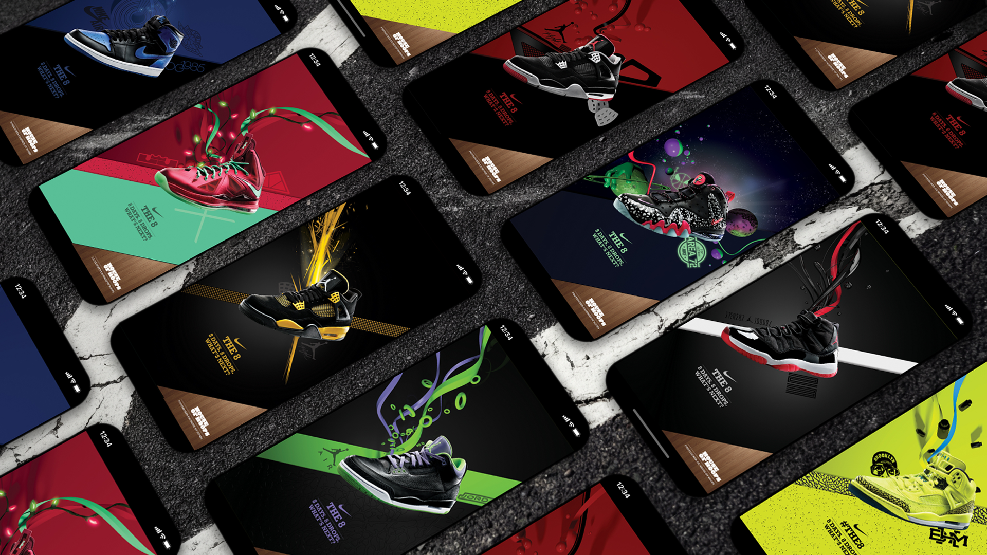 Multiple smartphones displaying different colorful sneaker designs, arranged on a dark surface.