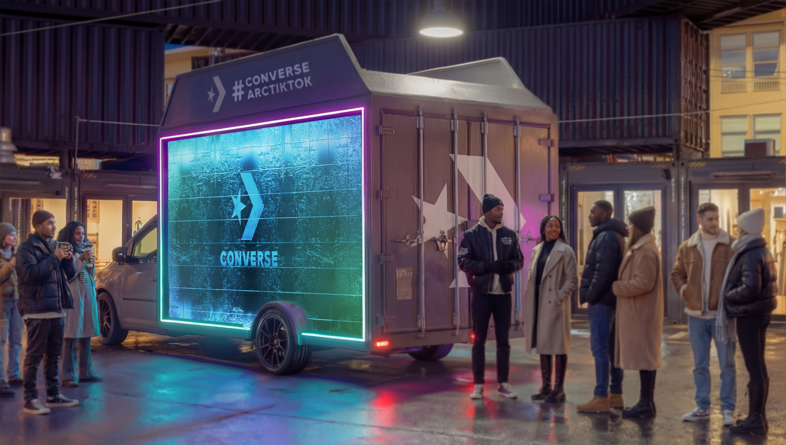 Group of people standing and chatting around a mobile Converge event truck with neon lights in a city street at night.