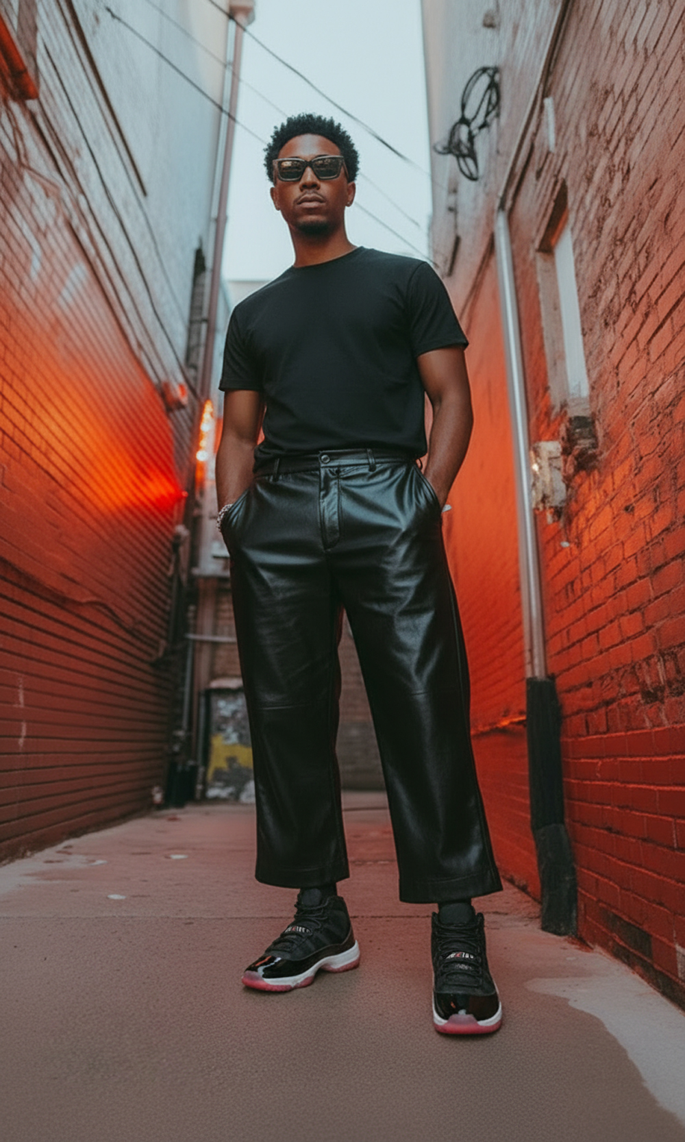 A young man wearing sunglasses, a black t-shirt, black leather pants, and sneakers standing in a narrow alleyway with brick walls and overhead electrical wires.