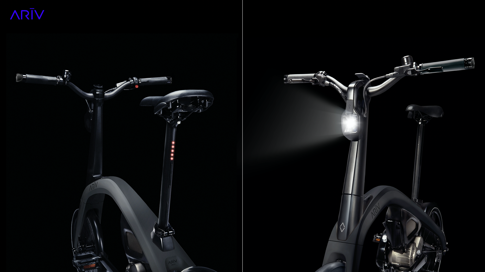 Two sleek electric bikes, one with a headlight turned on, against a black background. The left bike features a modern minimalist design with a digital display and a matte gray finish; the right bike has a metallic frame with a bright headlight illuminating the front area.