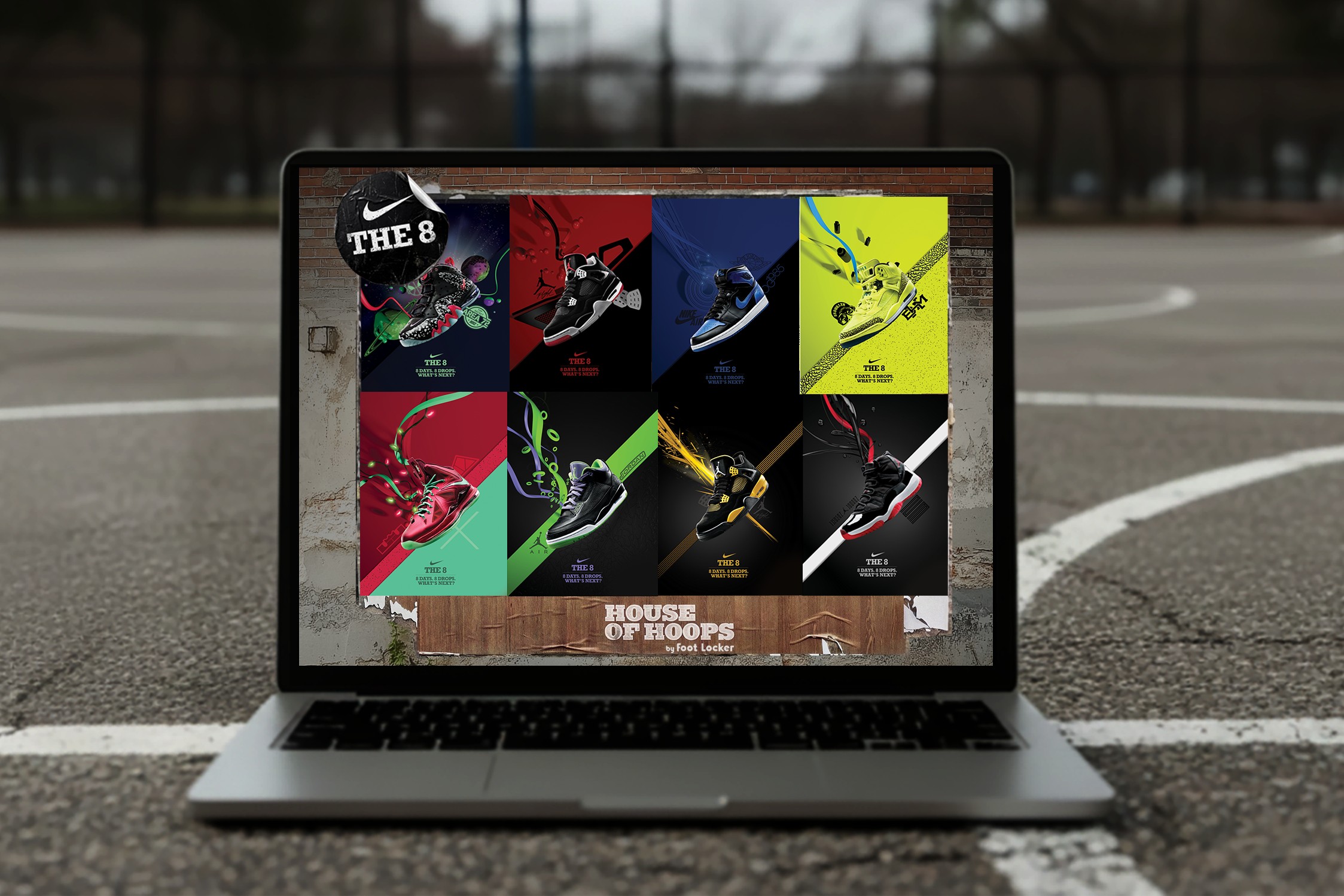 Laptop on an outdoor basketball court displaying a poster of various Nike Air Jordan sneakers.