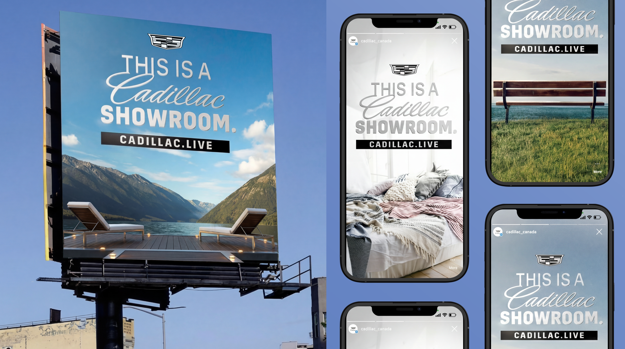 Large outdoor billboard advertising Cadillac showroom with a mountain lake landscape, two lounge chairs, and blue sky. To the right, two smartphones display an interior bedroom and an outdoor bench, all promoting Cadillac's online showroom cadillac.live.