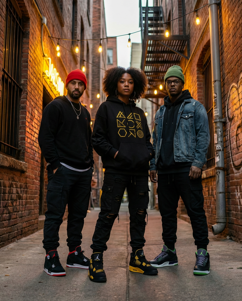 Three young adults standing in an alleyway decorated with string lights, wearing casual streetwear and sneakers, with brick walls and fire escape stairs visible behind them.