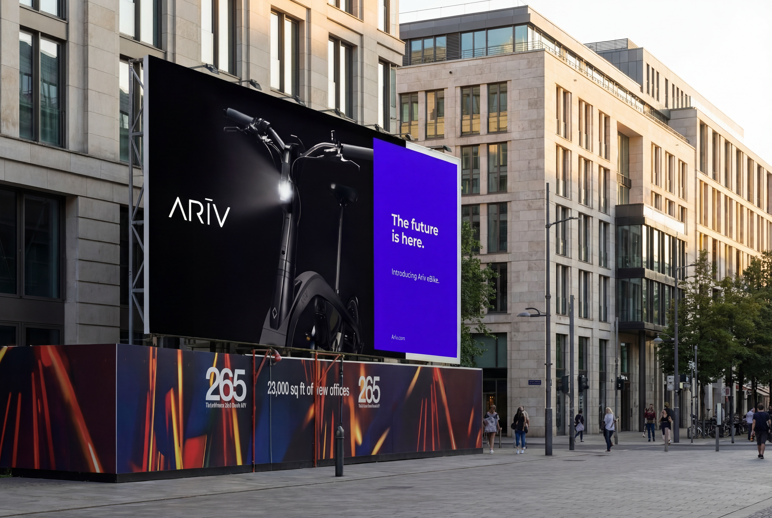 City street with modern buildings, pedestrians, and a large billboard advertising the Ariv eBike with the tagline 'The future is here'