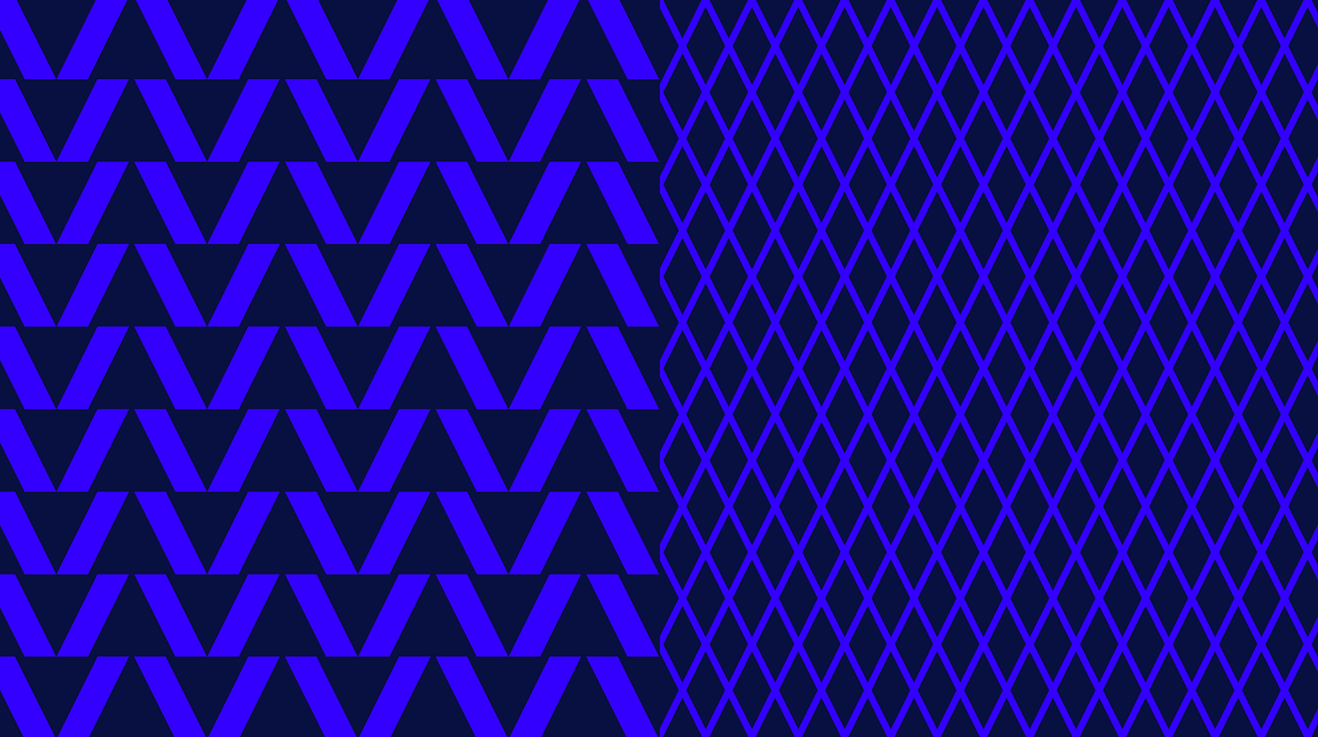 A geometric pattern featuring blue triangles and diamonds on a dark background, divided into two sections with different arrangements of the shapes.