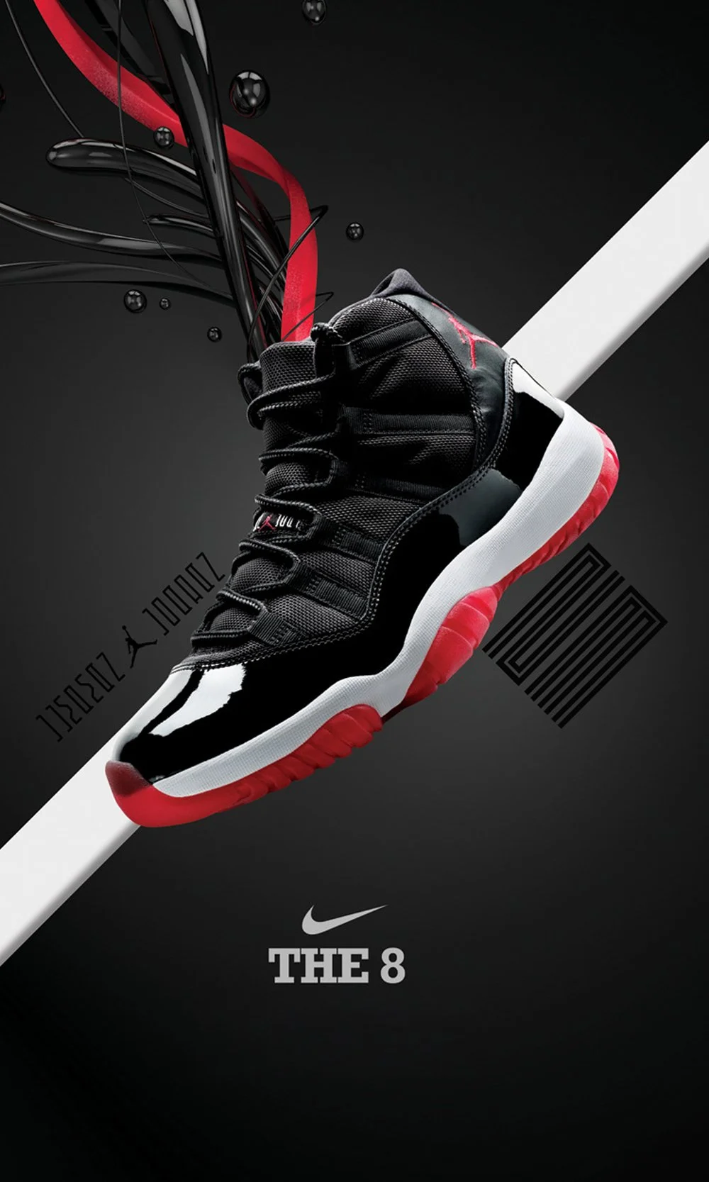 Close-up of the Nike Air Jordan 11 Retro sneakers, known as 'The 8' in black, red, and white colors, displayed against a black background with black droplets and red ribbons.
