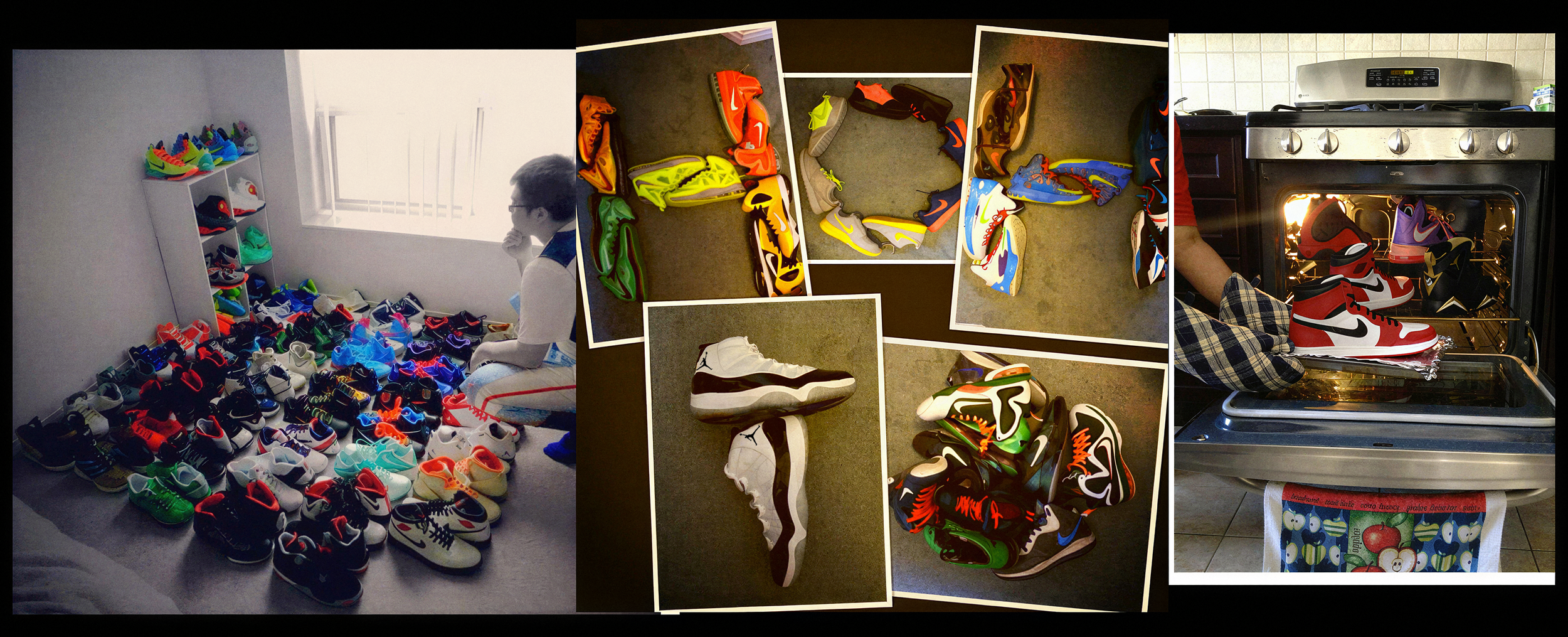 Collage of images showcasing a collection of sneakers, including a person sitting in front of shoe shelves, various sneakers arranged on the floor, sneaker pairs in a circle, a single sneaker on a surface, and sneakers in an oven.