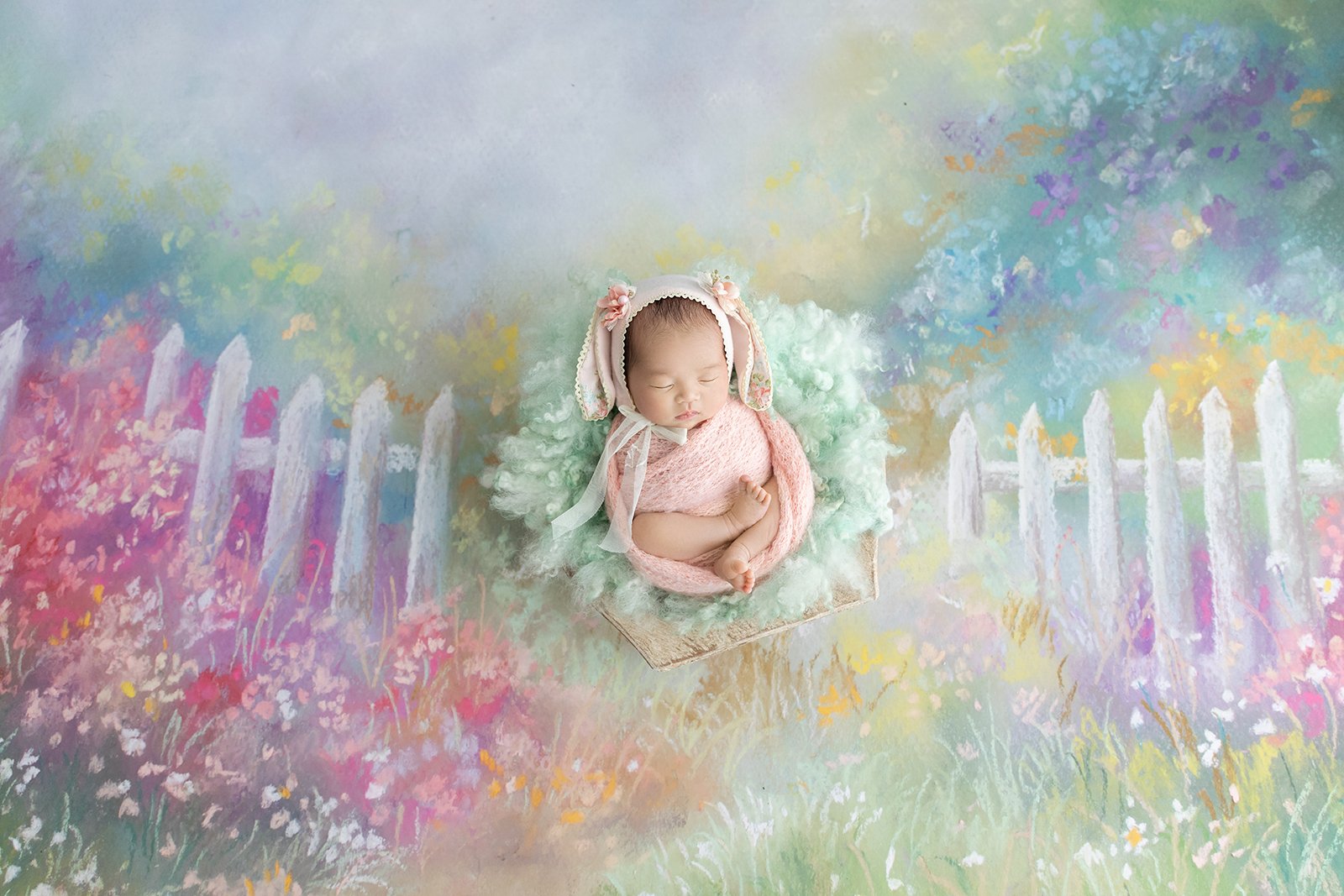 A sleeping baby girl wrapped in pink, wearing a bonnet with bunny ears and flowers, sitting on a small rustic wooden platform, with a colorful pastel floral and fence background.