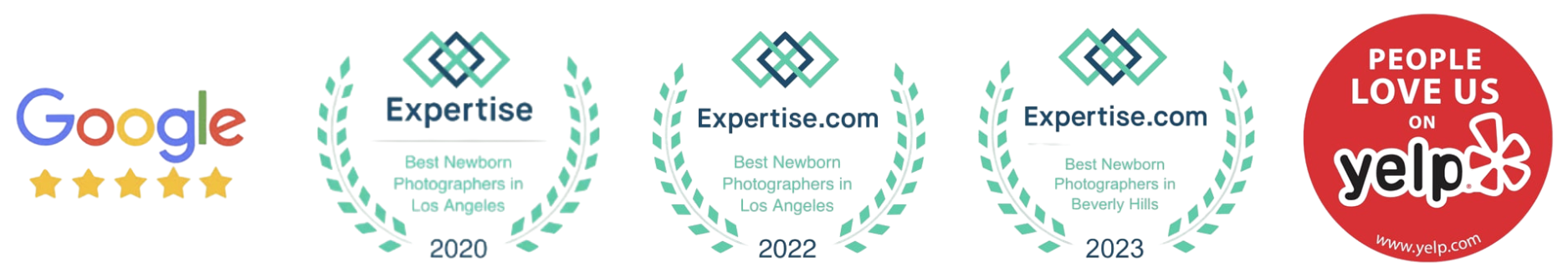 A banner featuring the Google logo with five stars underneath, followed by multiple awards from Expertise.com for best newborn photographers in Los Angeles and Seventy Hills from 2020 to 2023, and a red Yelp badge with the text 'People Love Us on Yelp' and the website URL www.yelp.com.