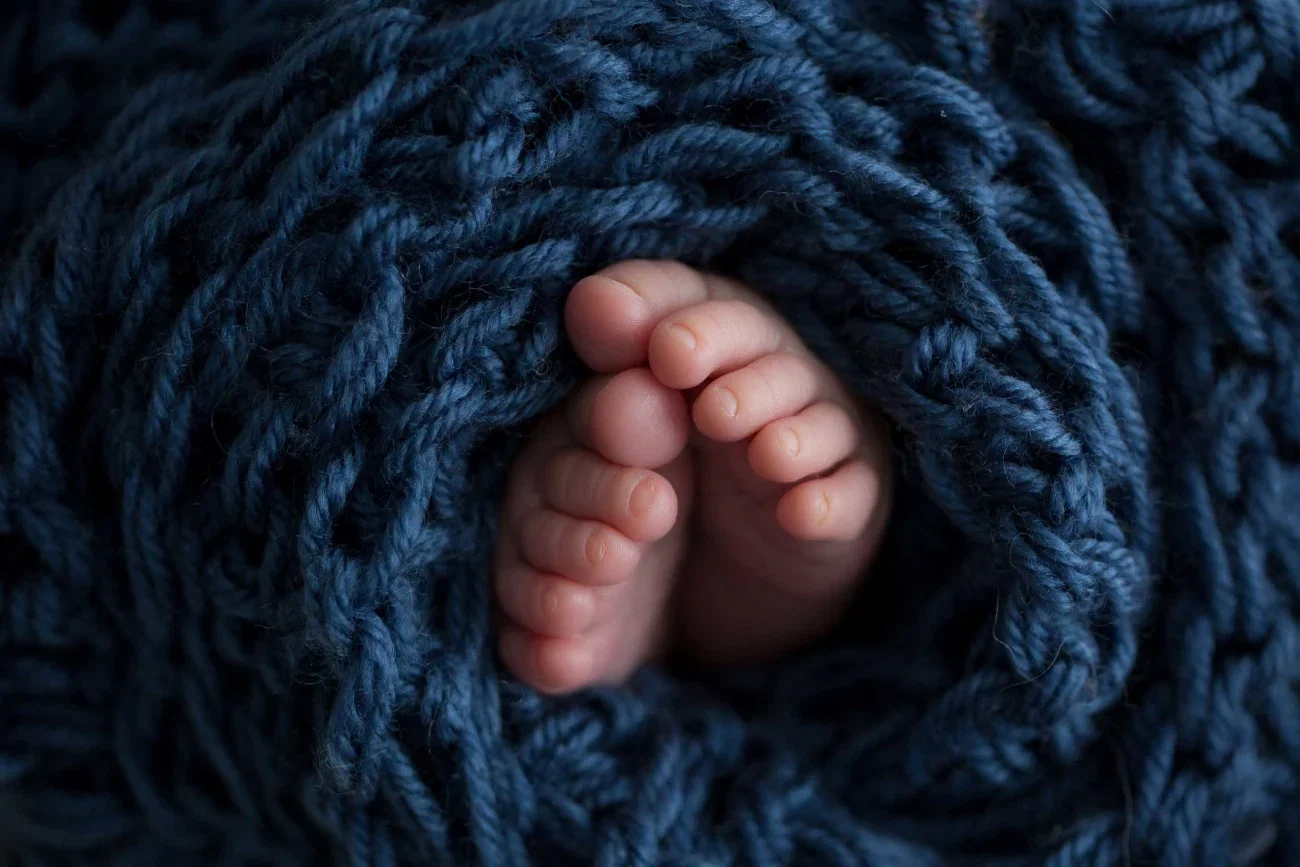 Close-up of tiny baby feet curling up inside thick navy blue yarn.