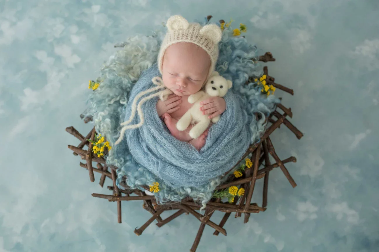 Sleeping newborn baby in a knitted hat and blue wrap holding a small teddy bear, lying in a nest made of branches, with a soft blue and fluffy background surrounded by small yellow flowers.