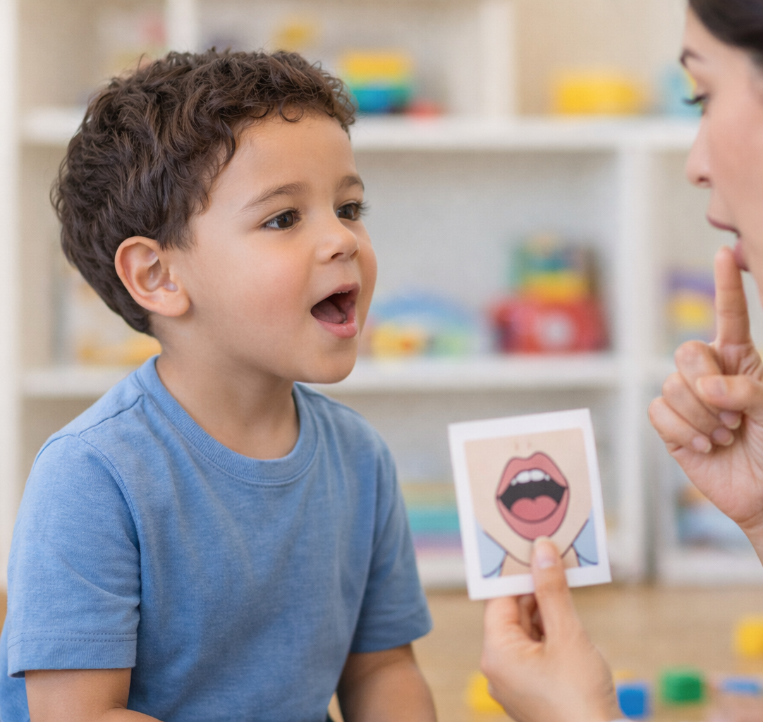 Pediatric speech therapist working on articulation skills with a child during a play-based speech therapy session in Hollywood Park and Hill Country Village (78232) San Antonio.