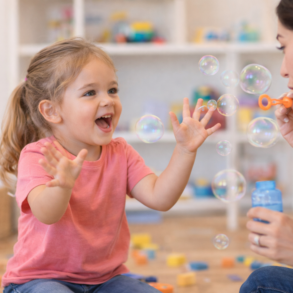 A young girl with red hair in a ponytail wearing a pink shirt happily reaching out to catch soap bubbles next to an adult blowing bubbles with a bubble wand.