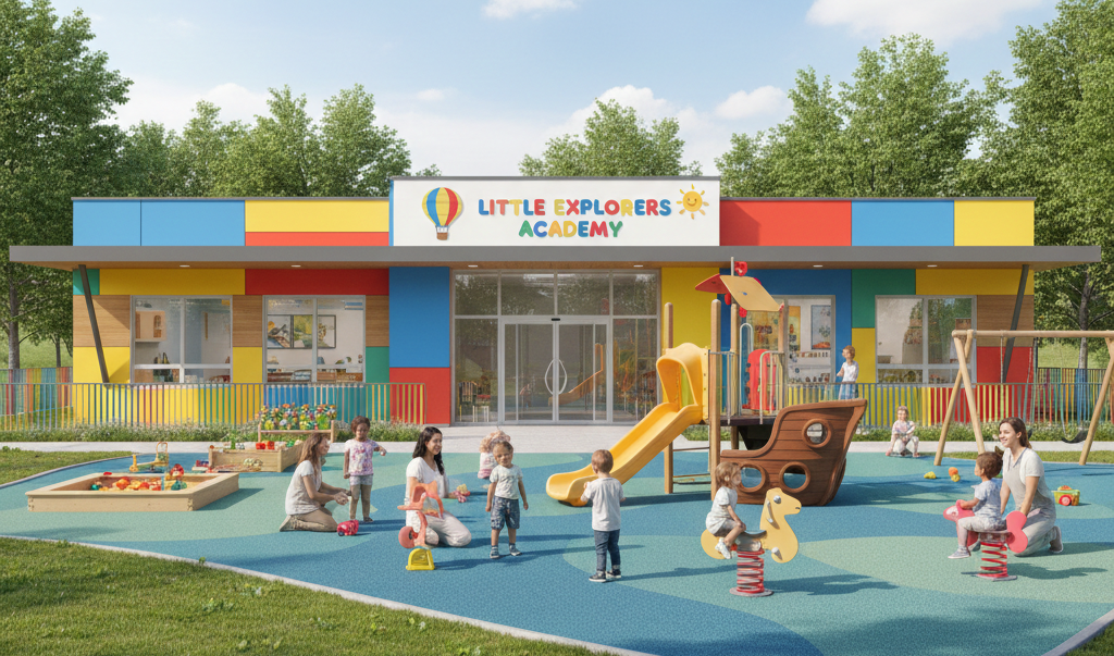 Children playing outside at Little Explorers Academy, a colorful preschool building with playground equipment including a slide, swings, and spring riders, surrounded by green trees.