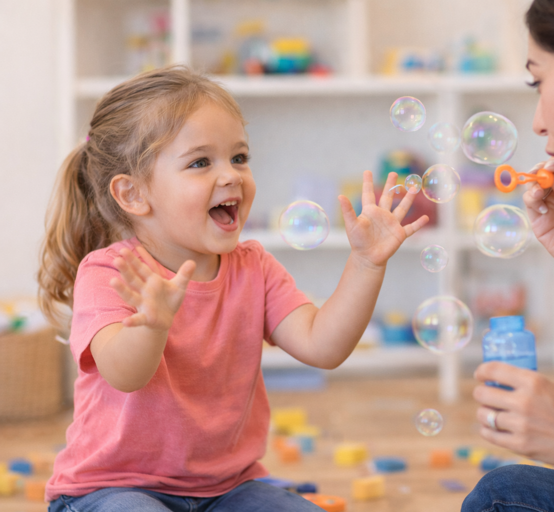 Play-based pediatric speech therapy in Vista Del Norte in San Antonio: child using language and speech therapist blowing bubbles