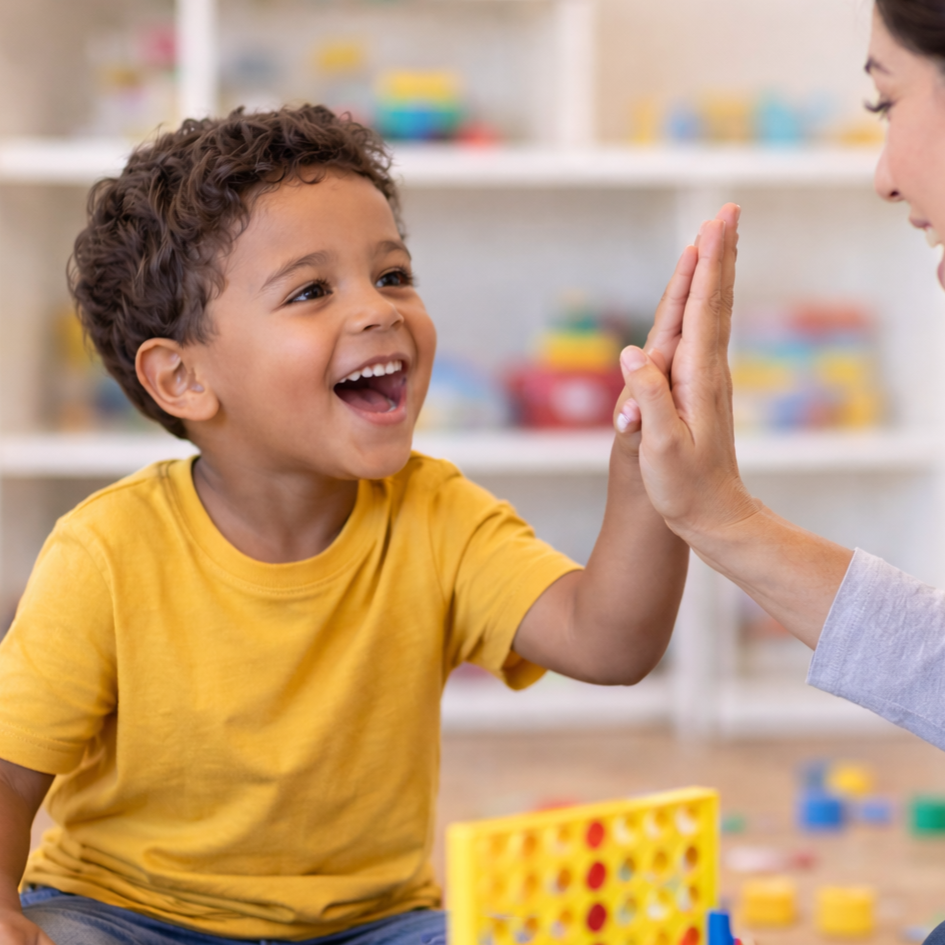 A young boy in a yellow shirt smiling and giving a high five to an adult woman, with a blurred background of shelves and toys.