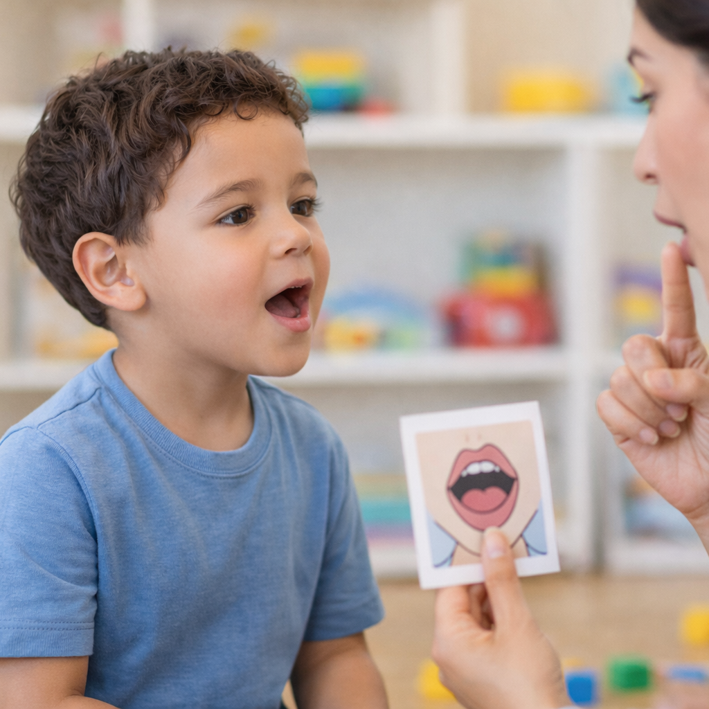 A young boy with curly brown hair opens his mouth wide while a woman, possibly a speech therapist or teacher, holds a card with a drawing of a mouth open wide in front of him, as part of a speech or articulation activity.