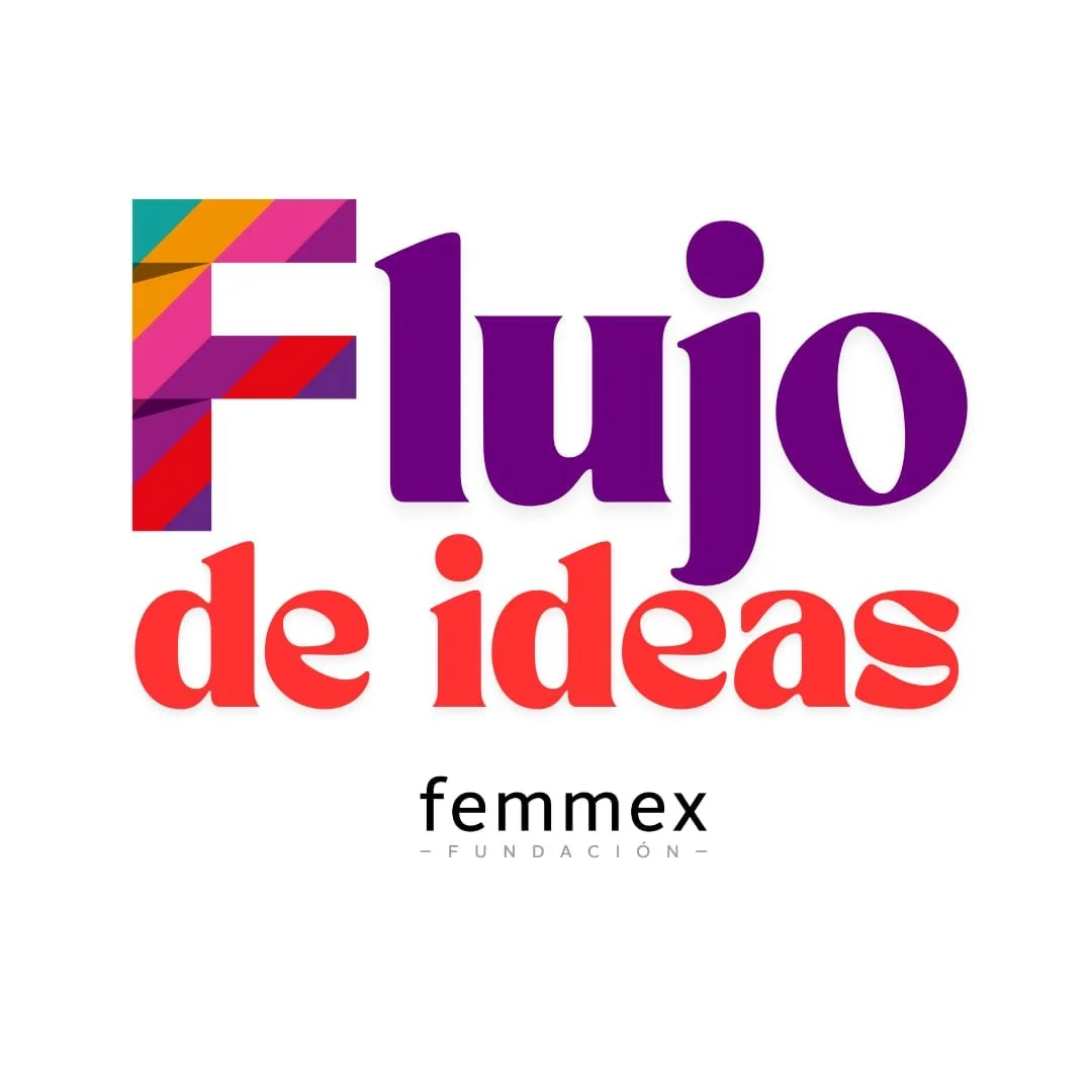 Logo de la campaña 'Fujo de ideas' de femmex fundación, con letras en colores morado y rojo, y un diseño multicolor en la letra 'F'.