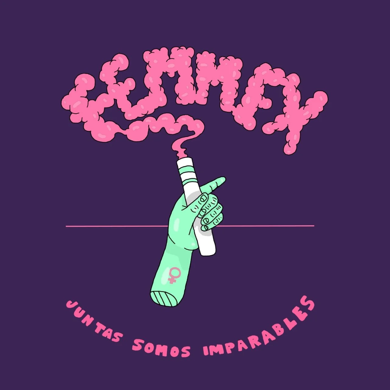 Ilustración de una mano con piel de color verde, sosteniendo un spray que expulsa la palabra "IGUALDAD" en forma de humo rosa, sobre un fondo morado. Debajo, en arco, el texto "JUNTAS SOMOS IMPARABLES" en letras rosadas.