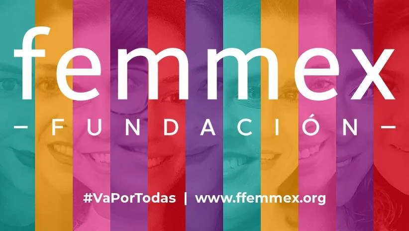 Logotipo de la fundación Fem Mexican con fondo de rayas de colores y varias fotos de mujeres sonriendo.