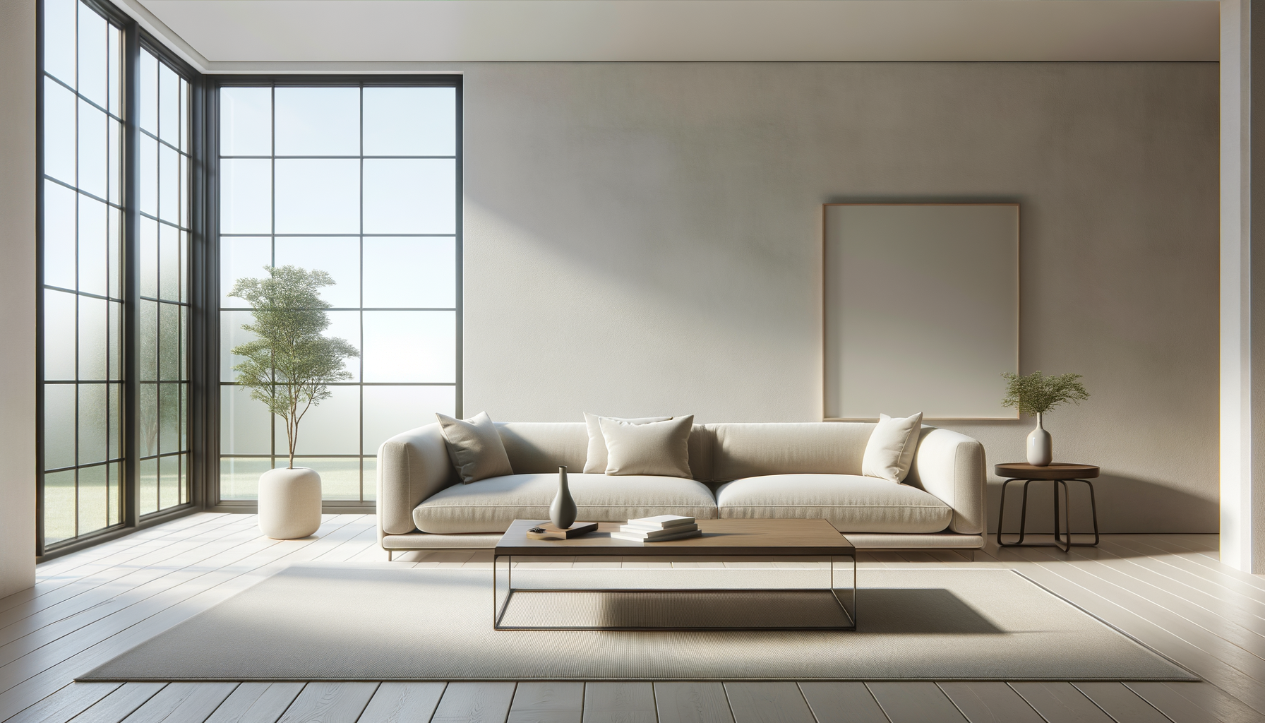 Minimalist living room with large floor-to-ceiling windows, a beige sofa with cushions, a coffee table with a vase and books, a side table with a vase and plant, and a framed blank canvas on the wall.
