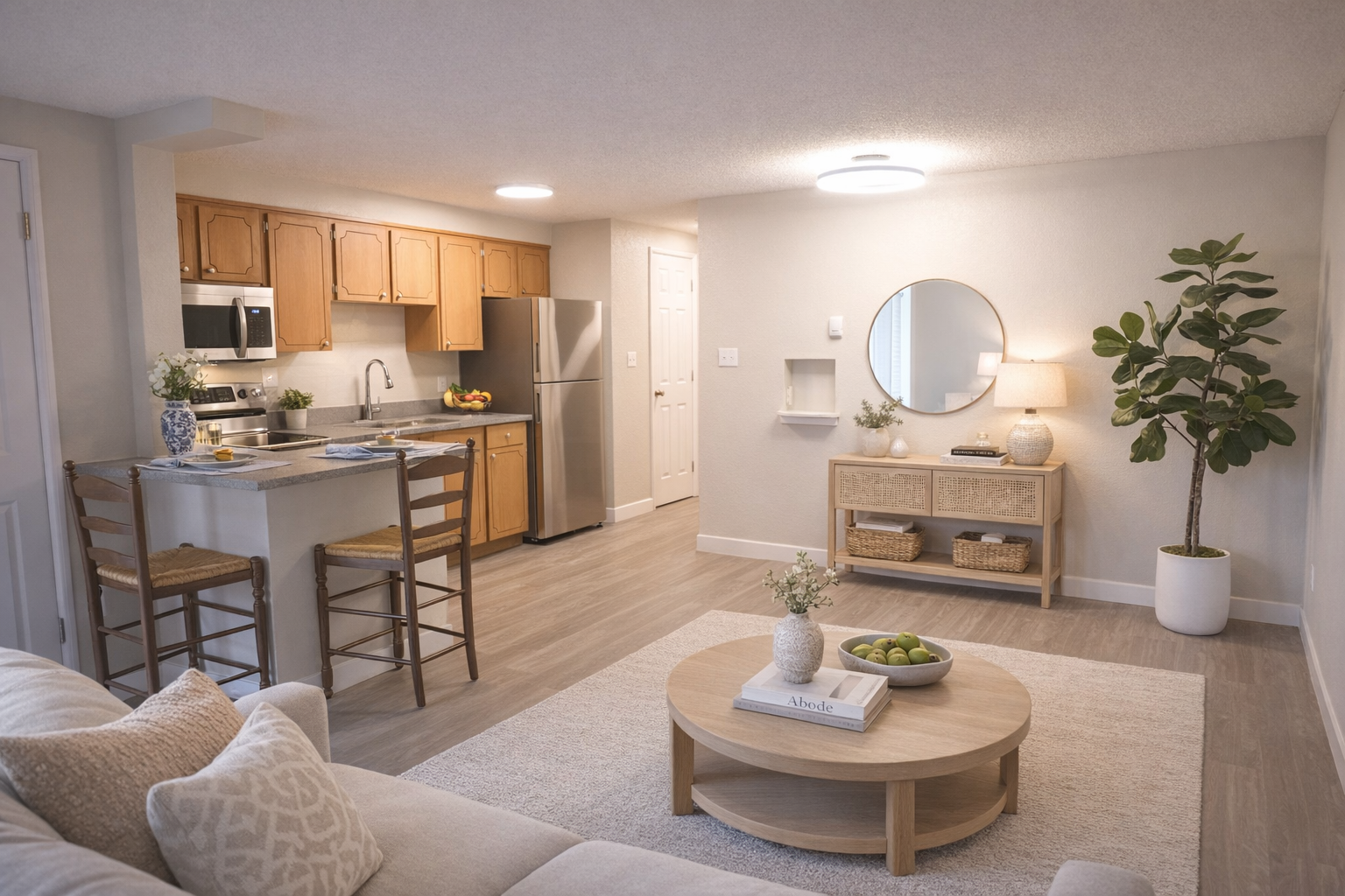 Living room and kitchen with light wood flooring, beige walls, a sectional sofa with cushions, a round coffee table with a vase, book, and bowl of apples, a wooden sideboard with decorative items and a mirror, and a large potted plant in the corner.