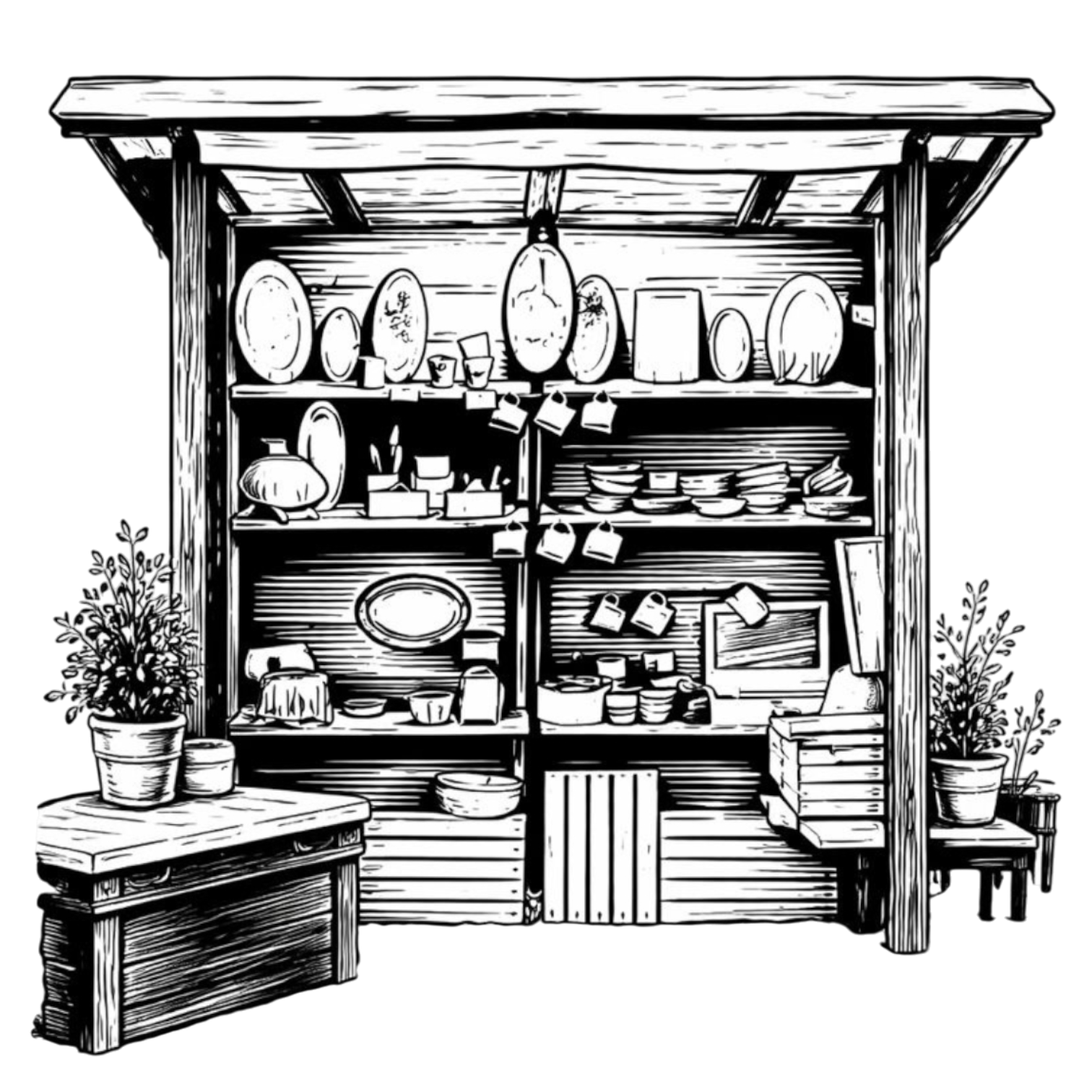 Line drawing of a rustic wooden display shelf filled with various plates, bowls, and cups, with potted plants on either side and a small table with plant pots in front.