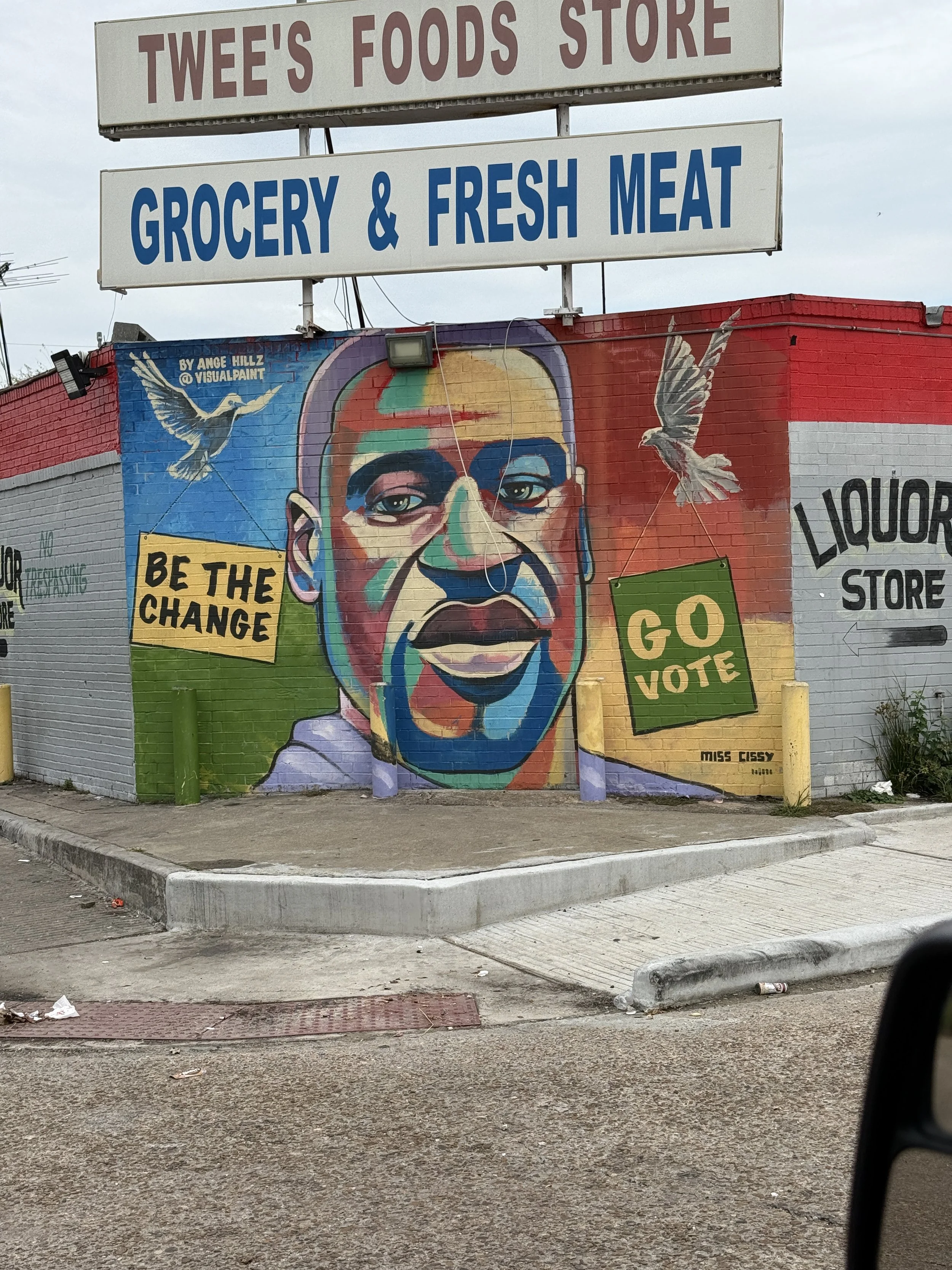 Art created on a grocery store in the Third Ward neighborhood in Houston, TX of George Floyd.
